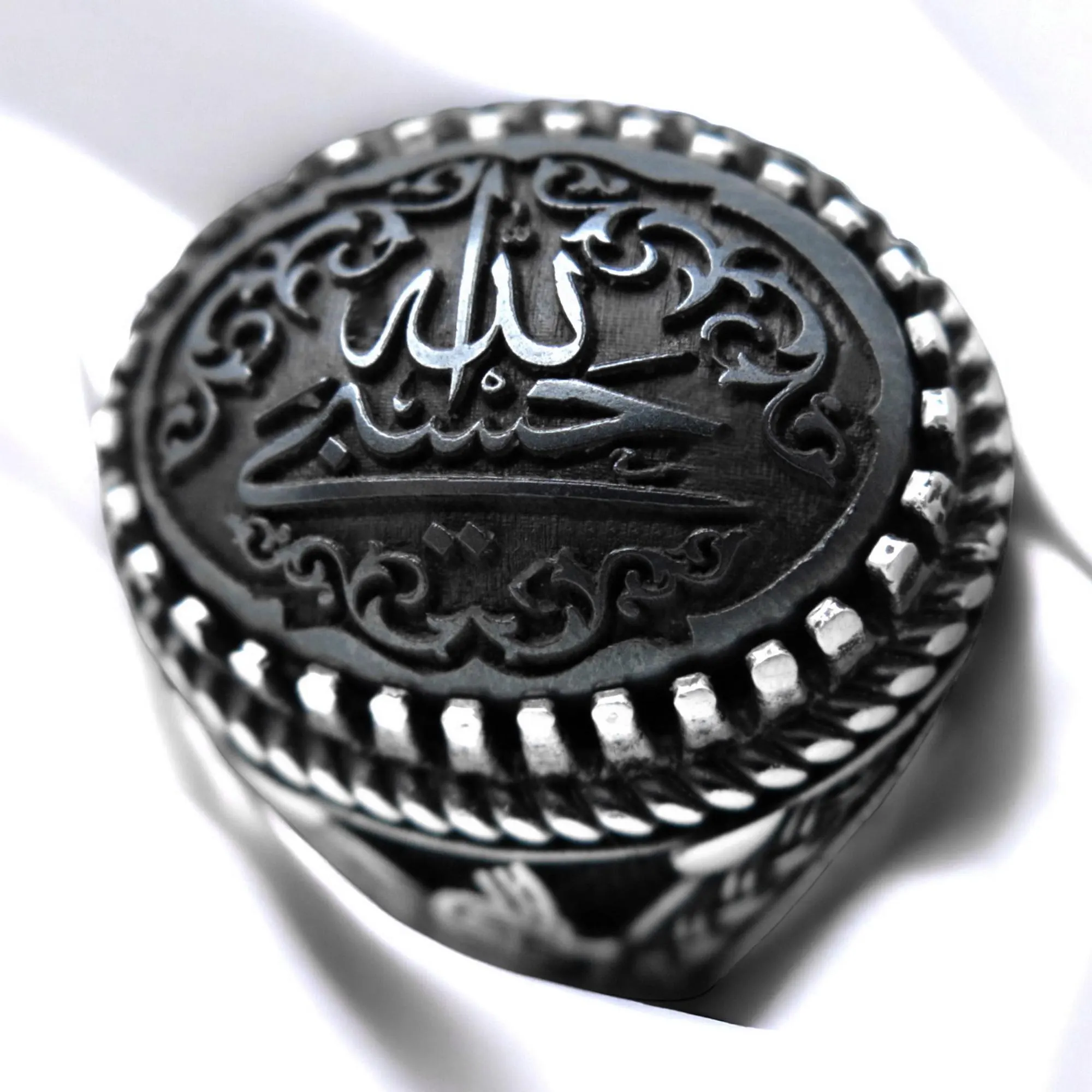 Hematite & Sterling Silver Islamic Ring: Hasbi Allah Arabic Calligraphy - image 5