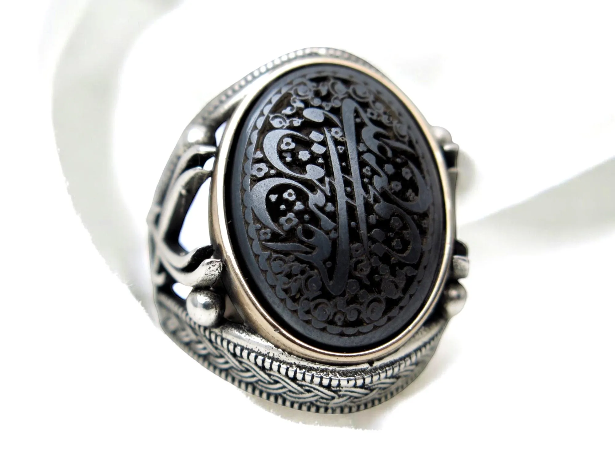 Handcrafted Sterling Silver Islamic Ring: Engraved Hematite Gemstone - image 3