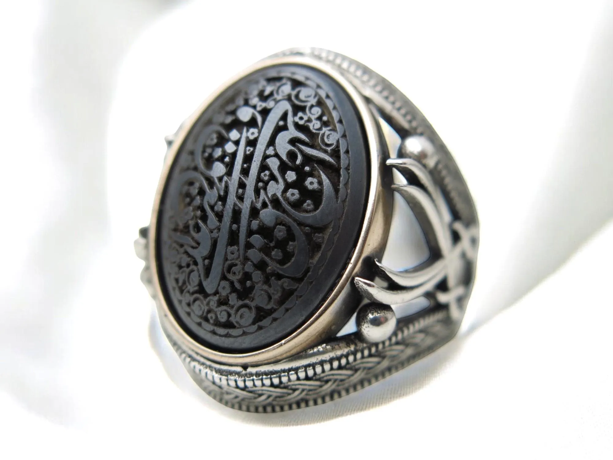 Handcrafted Sterling Silver Islamic Ring: Engraved Hematite Gemstone - image 5