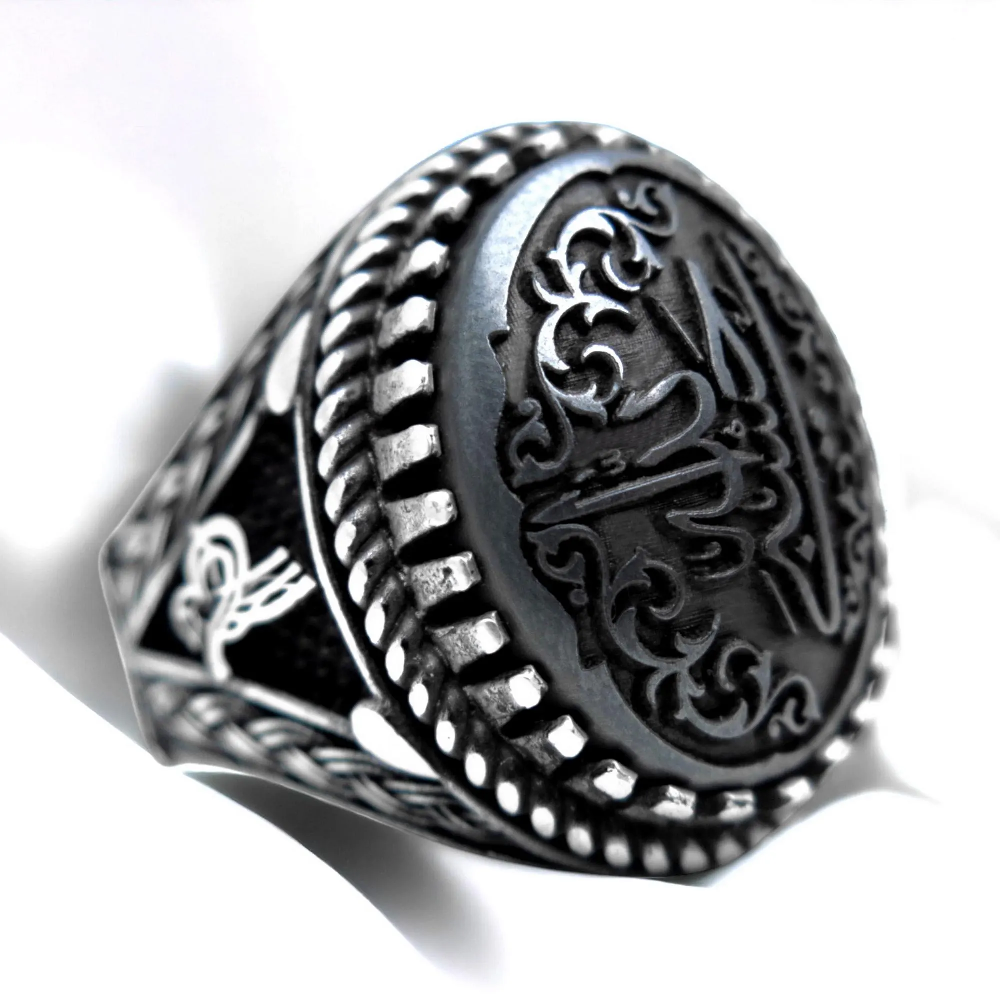 Hematite & Sterling Silver Islamic Ring: Hasbi Allah Arabic Calligraphy - image 3