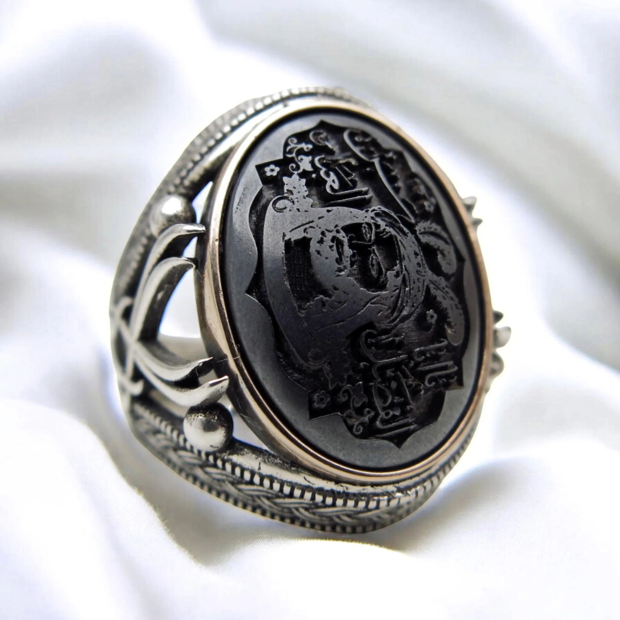 Ya AbalFadl Al-Abbas Ring - Hematite Hadid Stone Engraved - 925 Sterling Silver - Spiritual Protection
