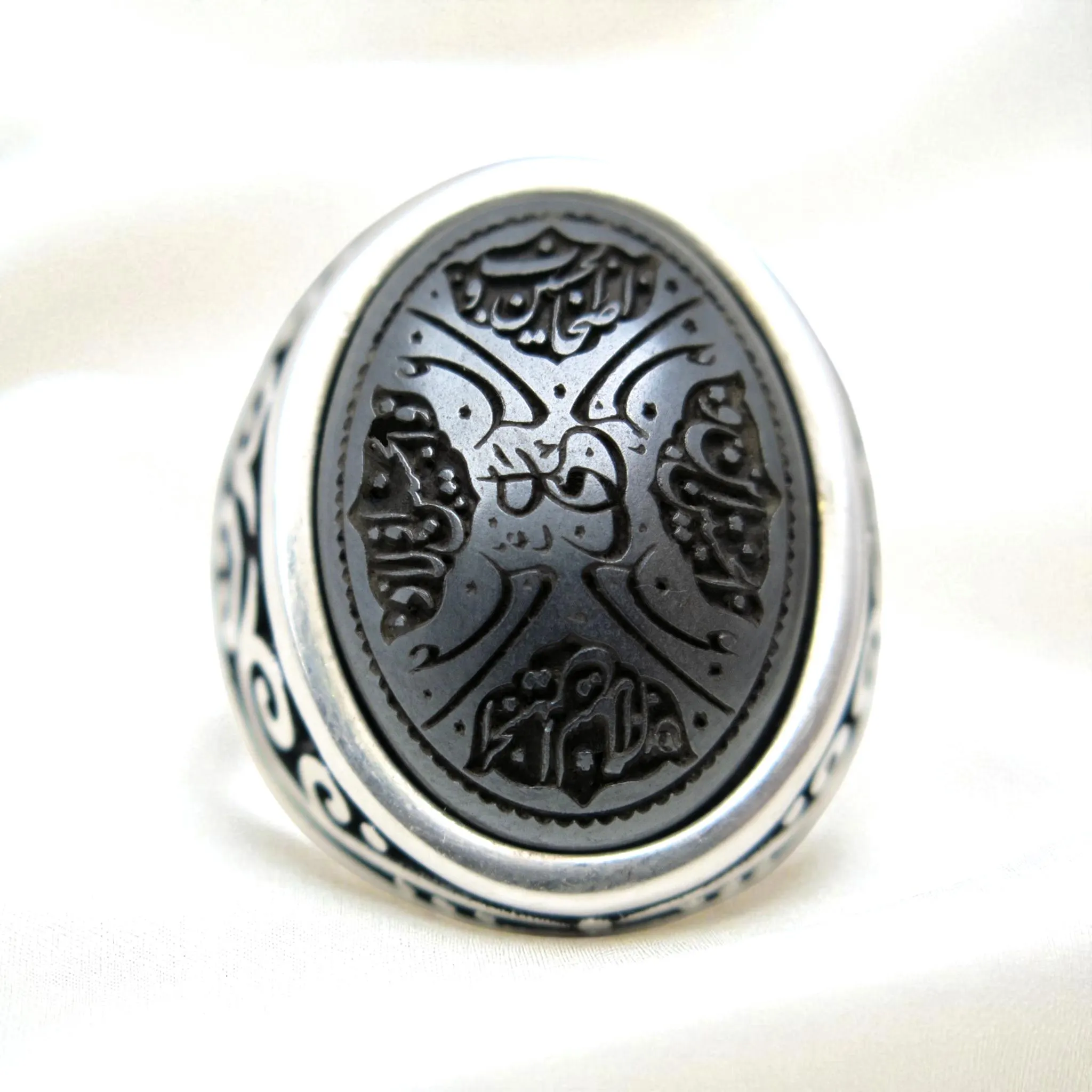 Sterling Silver Islamic Ring: Hematite Al-Husayn Invocation, Central Ali - image 2