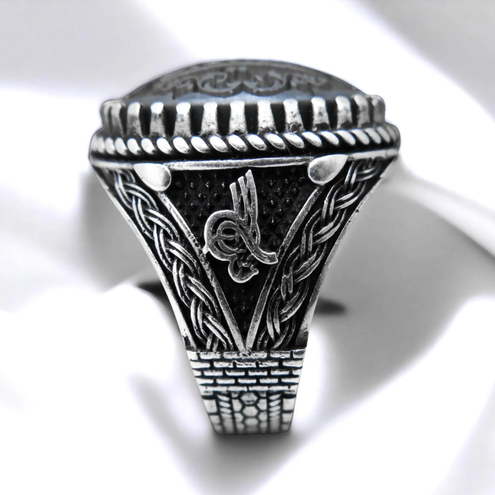 Hematite & Sterling Silver Islamic Ring: Hasbi Allah Arabic Calligraphy - image 4