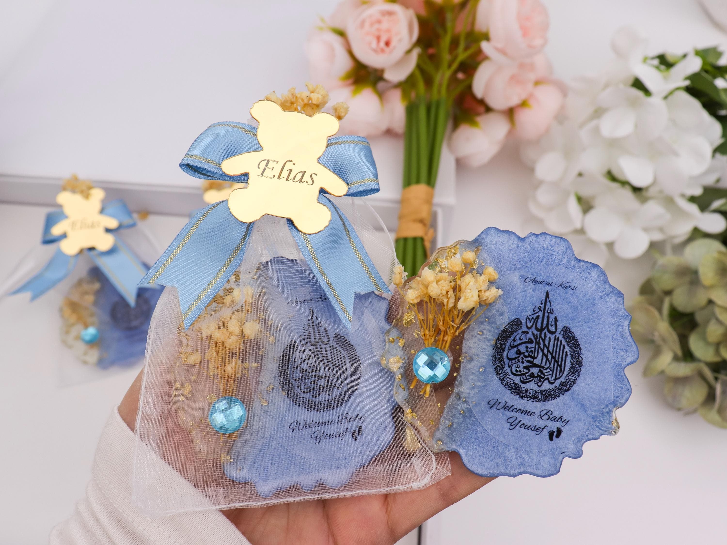 Personalized Blue Ayatul Kursi Magnet with Gold Mirror Tag, Welcome Baby Shower Favor - image 3