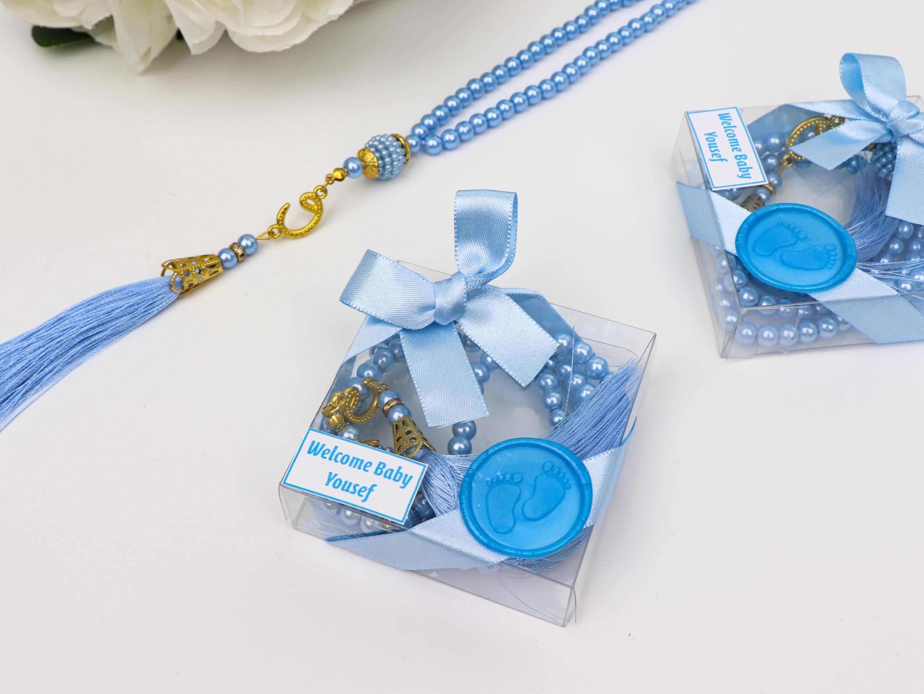 Baby Blue Pearl Tasbeeh: Islamic Baby Shower Favor, Muslim Gift, 99 Tasbih