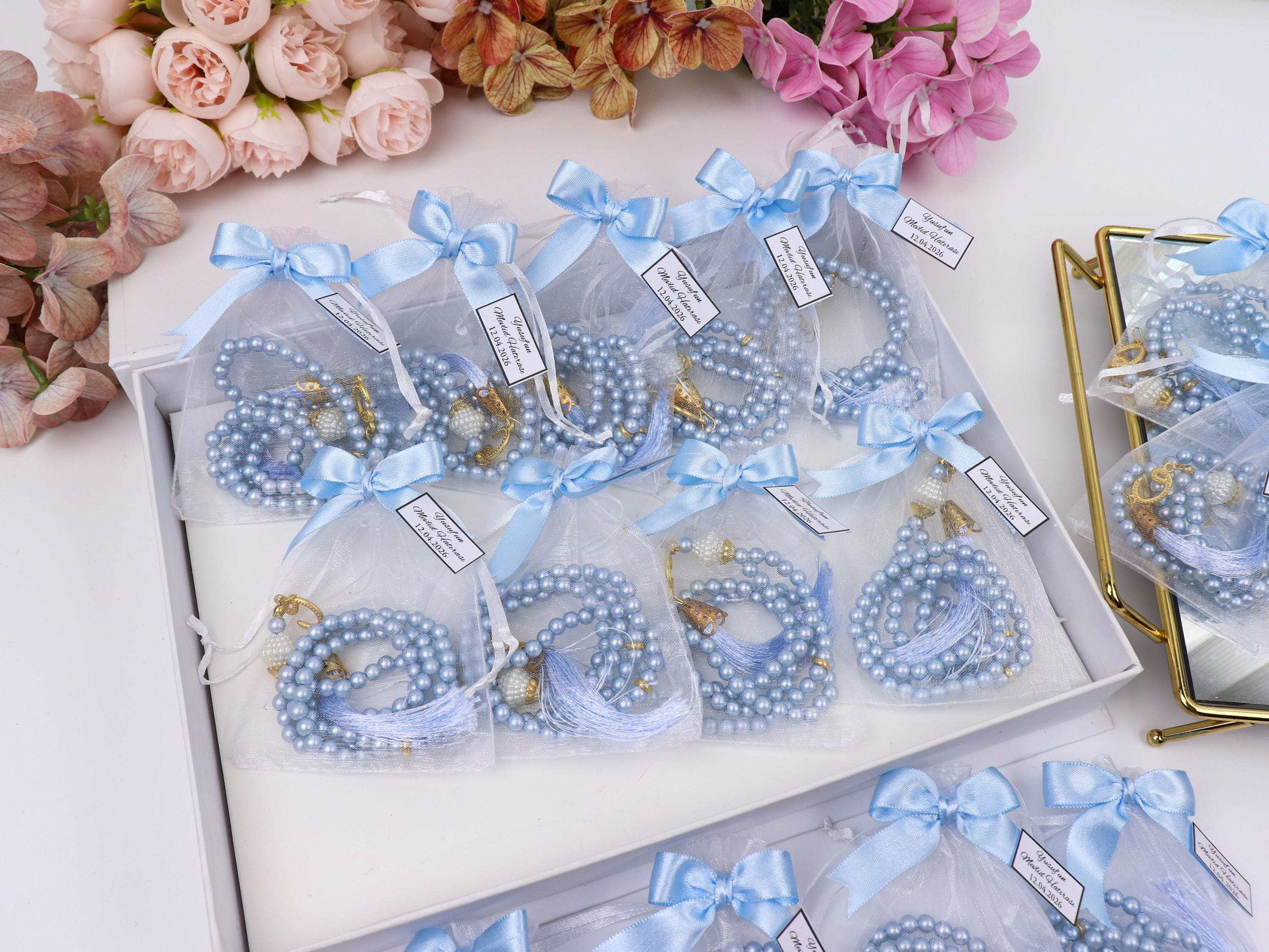 Baby Blue Pearl Tasbih Gift, Prayer Beads: Muslim Wedding Gifts, Welcome Baby Shower Favor