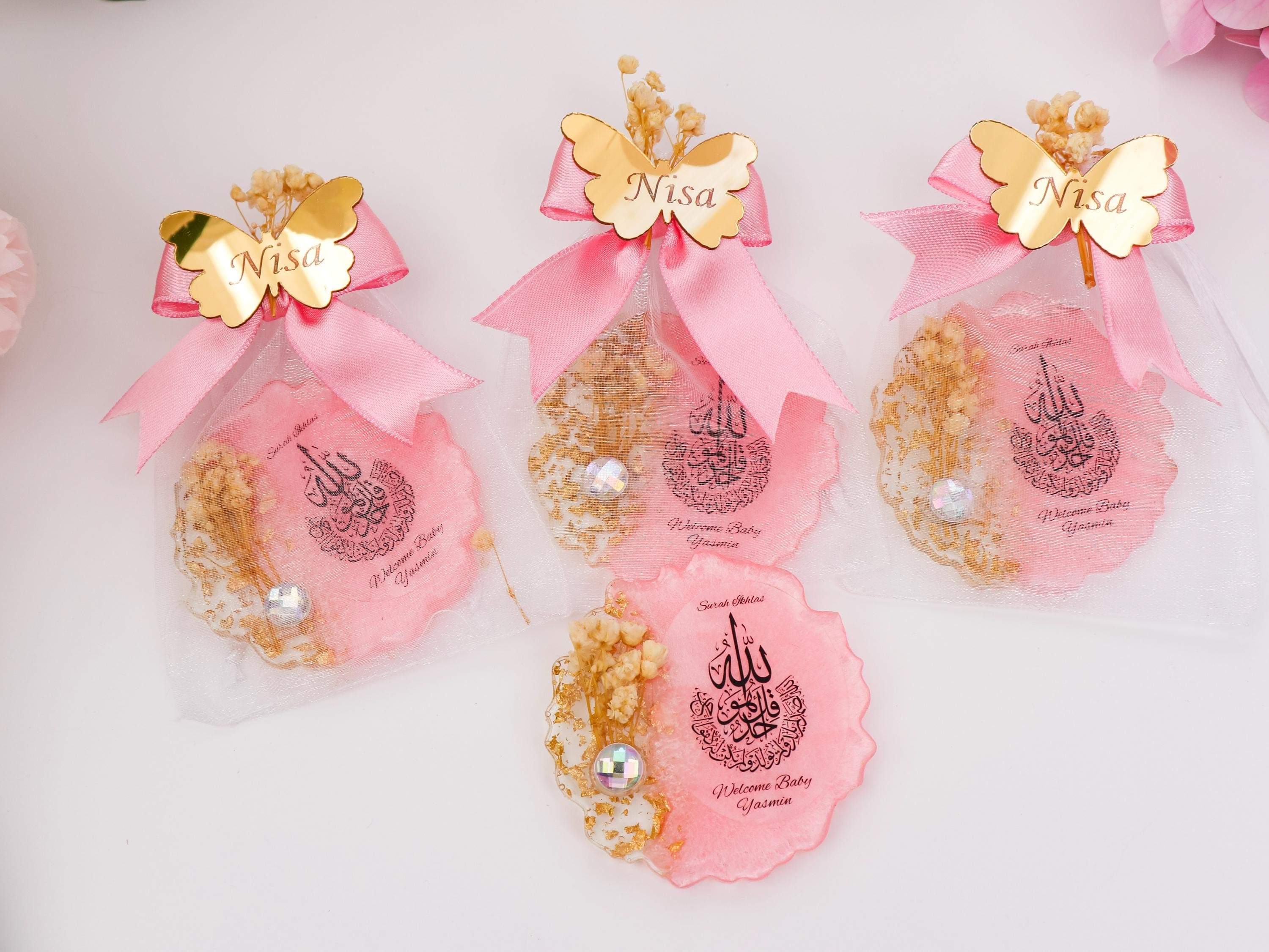 Personalized Pink  Surah Ikhlas Magnet with Gold Mirror Tag, Welcome Baby Shower Favor - image 4