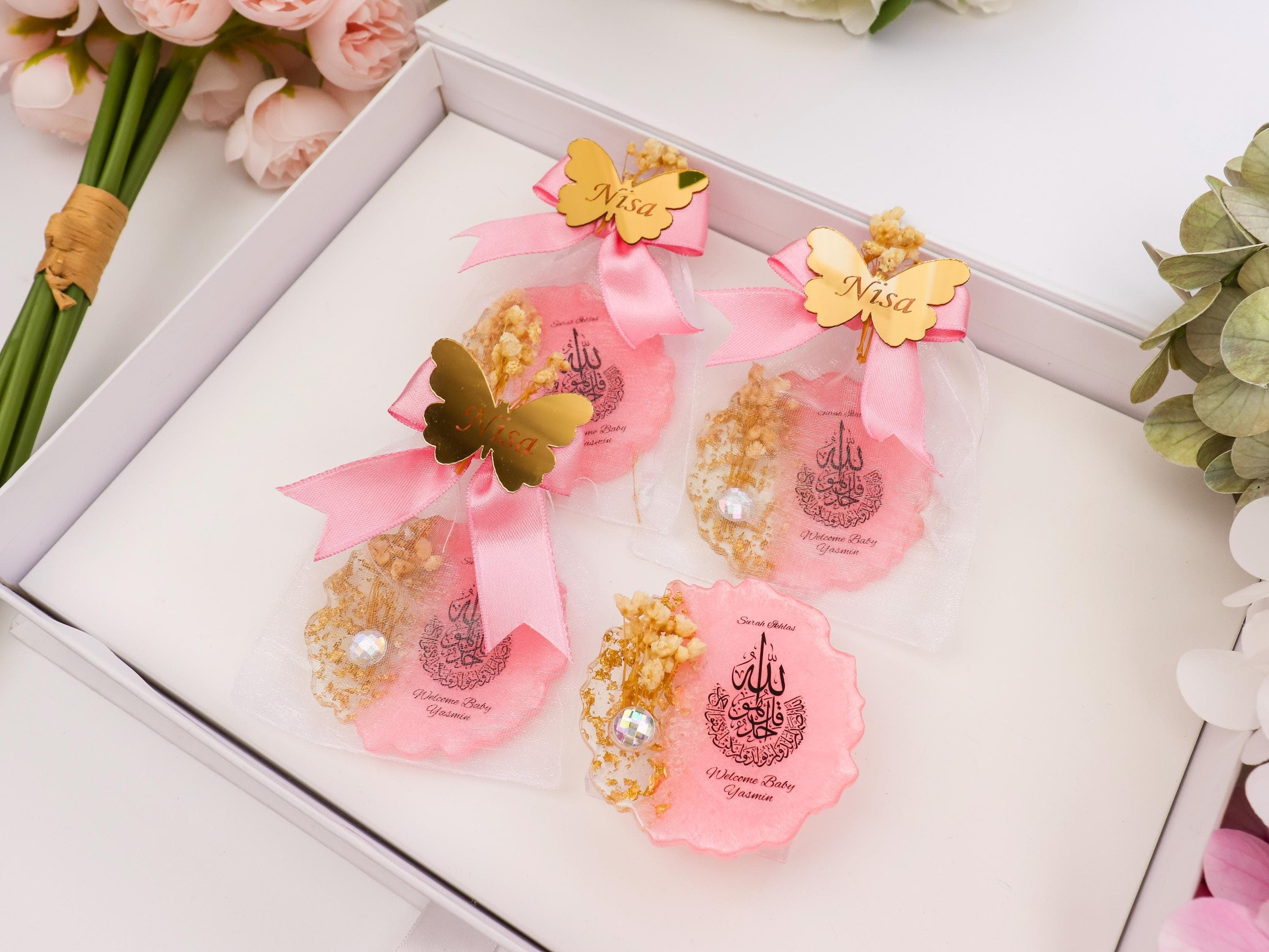 Personalized Pink  Surah Ikhlas Magnet with Gold Mirror Tag, Welcome Baby Shower Favor - image 3