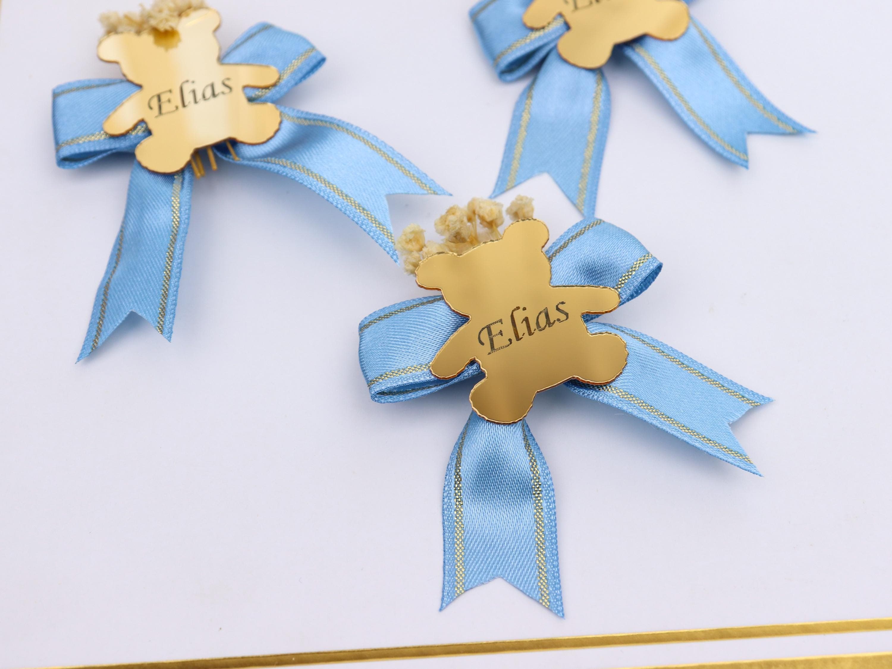 Custom Teddy Bear Baby Shower Favor, Blue Ribbon Gold Mirror Bear Name Tag, Birthday