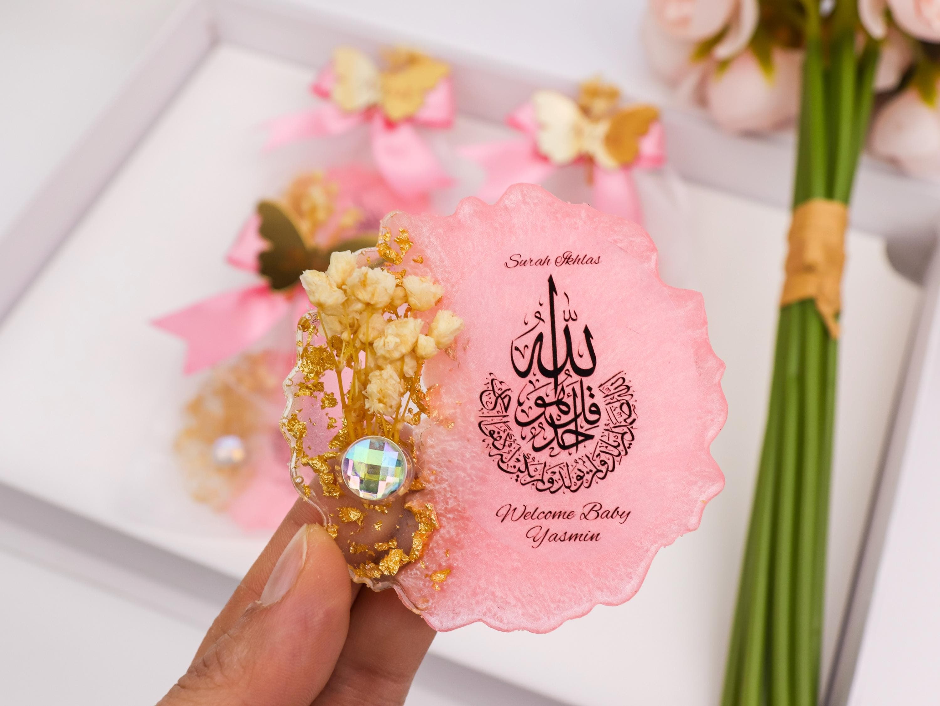 Personalized Pink  Surah Ikhlas Magnet with Gold Mirror Tag, Welcome Baby Shower Favor - image 5