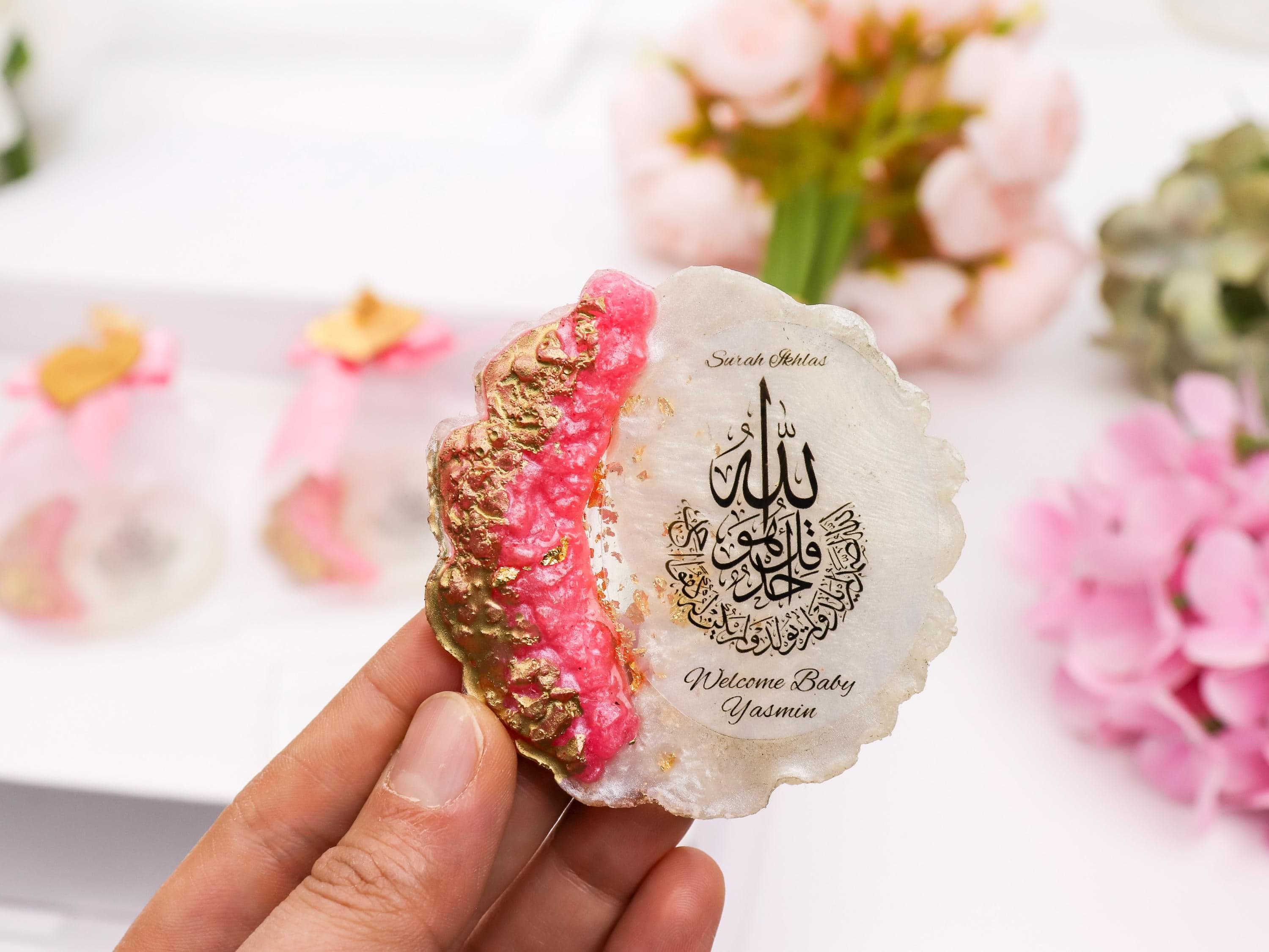 Personalized Surah Ikhlas Magnet with Gold Mirror Tag, Islamic Wedding Favors, Graduation Favors