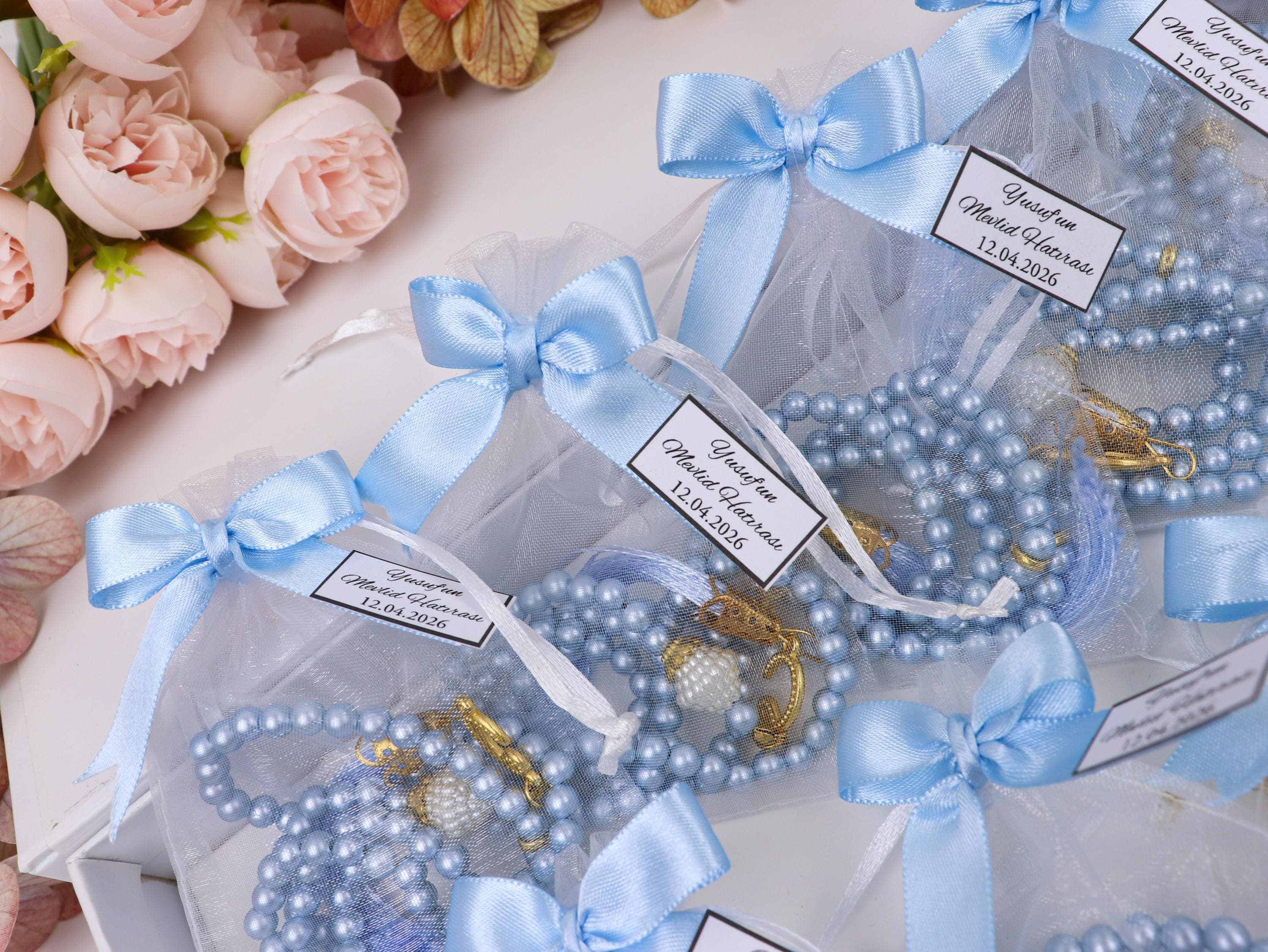 Baby Blue Pearl Tasbih Gift, Prayer Beads: Muslim Wedding Gifts, Welcome Baby Shower Favor - image 3