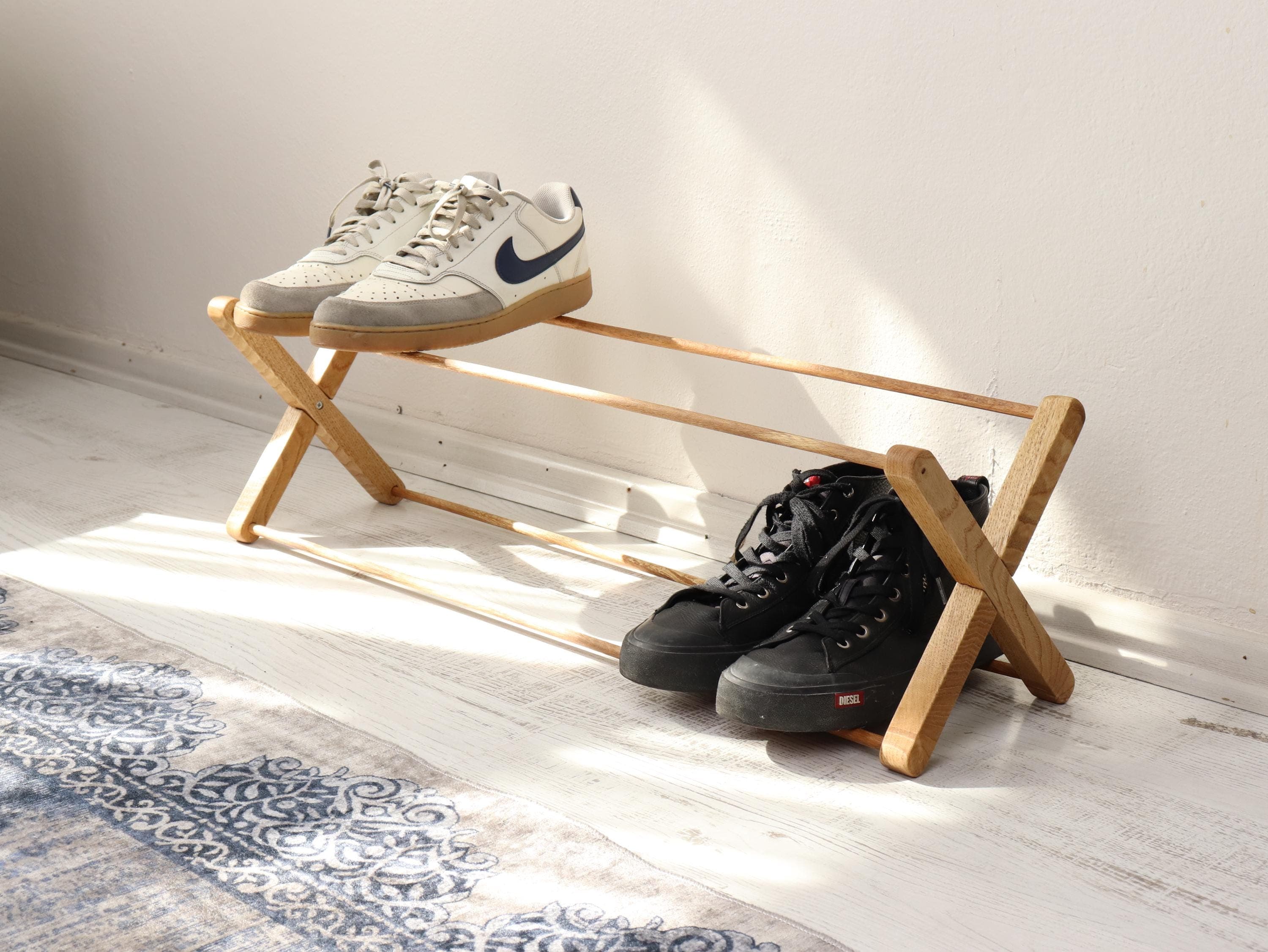 Chestnut Wood Shoe Rack, Unique X-Frame Design, Minimalist Narrow Entryway Storage, Freestanding Floor Organizer - image 3