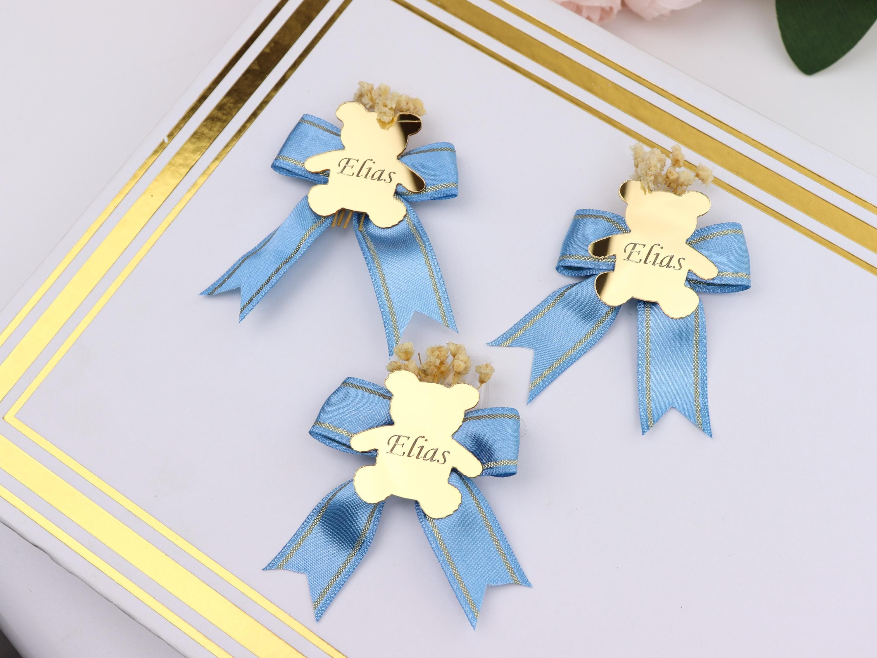 Custom Teddy Bear Baby Shower Favor, Blue Ribbon Gold Mirror Bear Name Tag, Birthday - image 5
