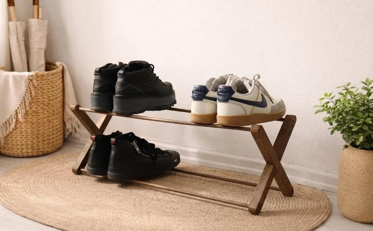 Unique Design Freestanding Chestnut Shoe Rack for Entryway, Minimalist Narrow Floor Storage, Walnut Varnish