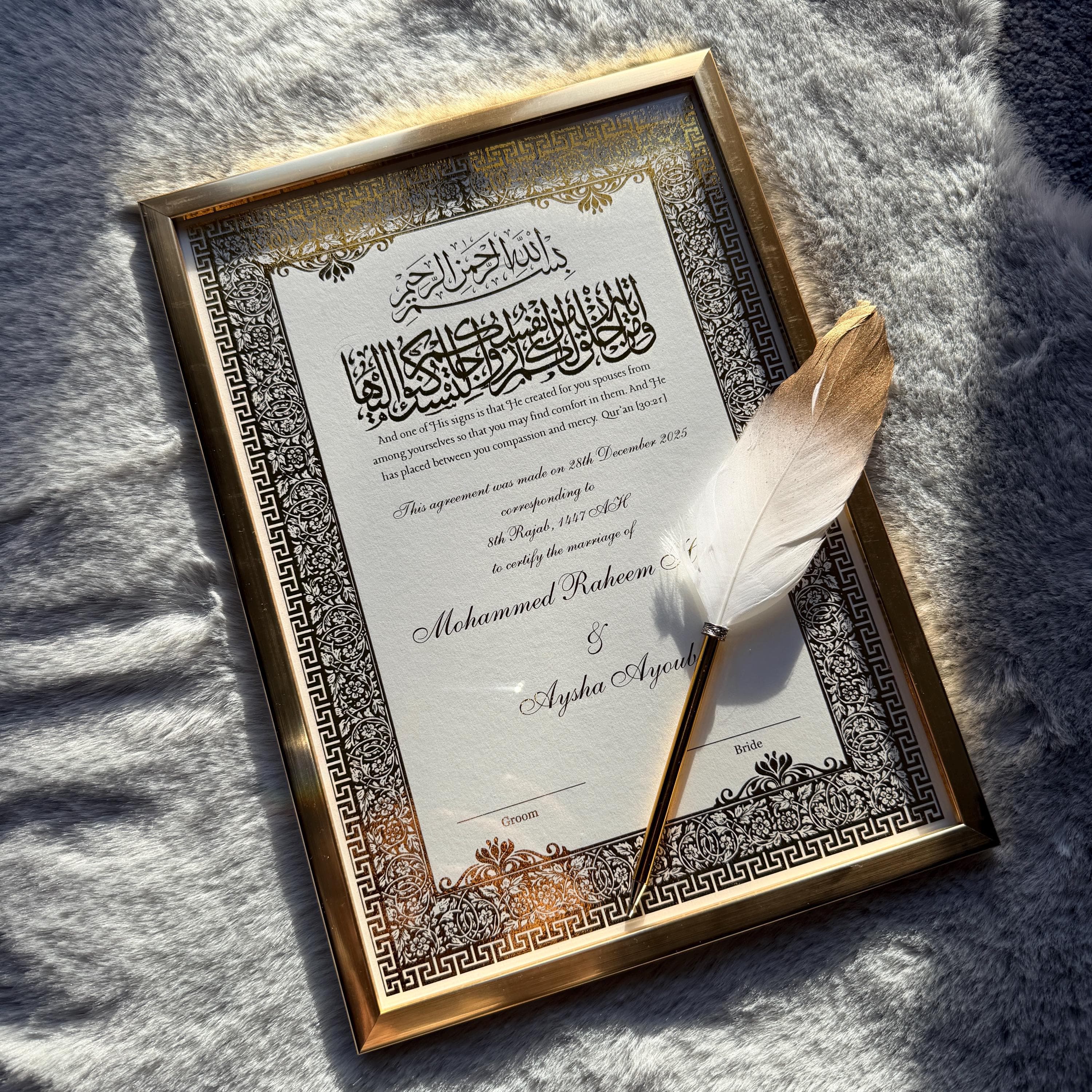 Luxury Foiled Nikkah Certificate Personalised Islamic Wedding Contract Elegant A4 with Gold Foil Customisable Names - A4