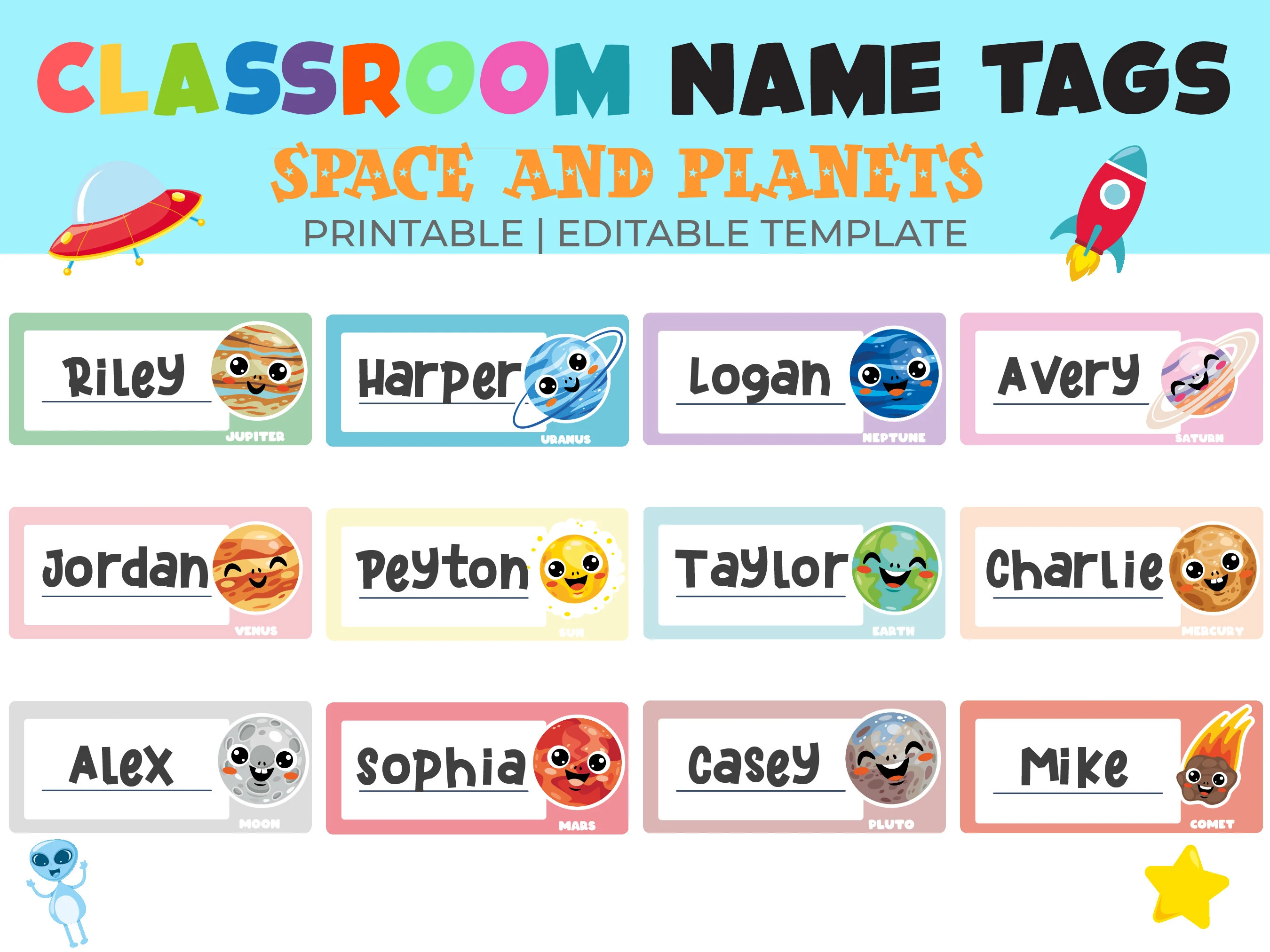 Planet Classroom Name Tags | Printable Elementary School Labels (PDF)