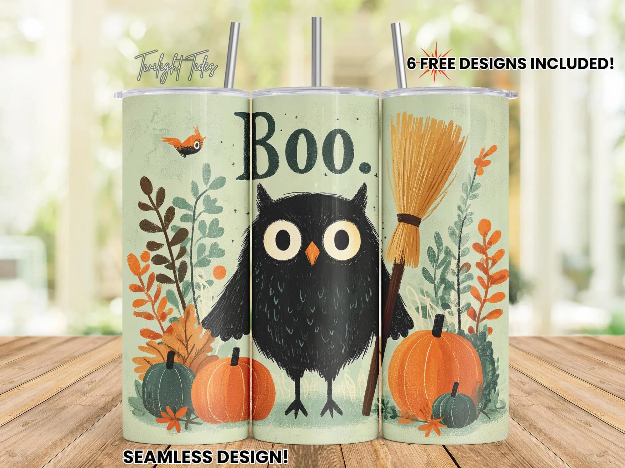 Boo Black Halloween Owl 20 oz Skinny Tumbler Sublimation Design, Pumpkin Broom Digital Download PNG Instant Download Seamless Tumbler Wrap