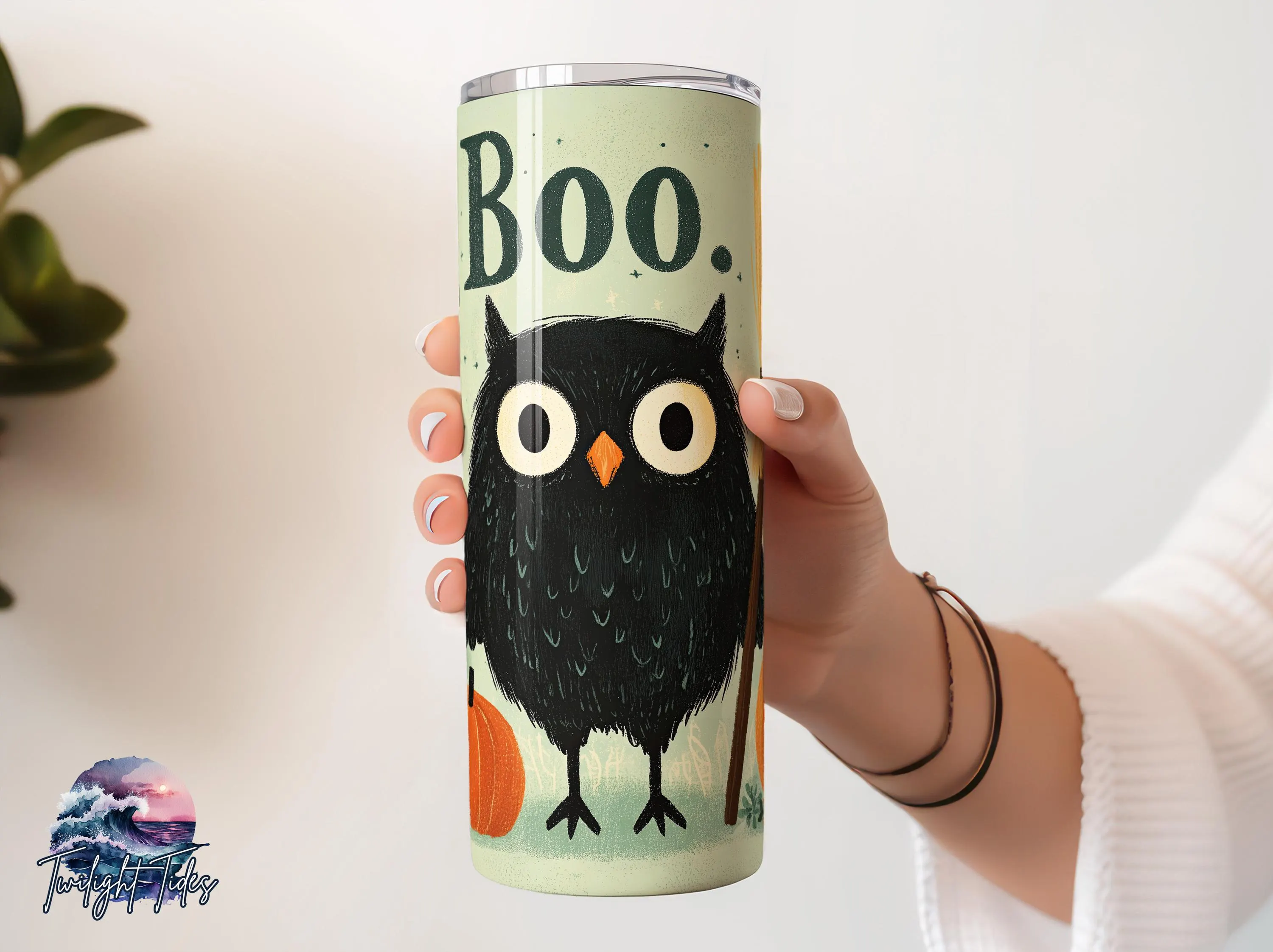 Boo Black Halloween Owl 20 oz Skinny Tumbler Sublimation Design, Pumpkin Broom Digital Download PNG Instant Download Seamless Tumbler Wrap - image 3