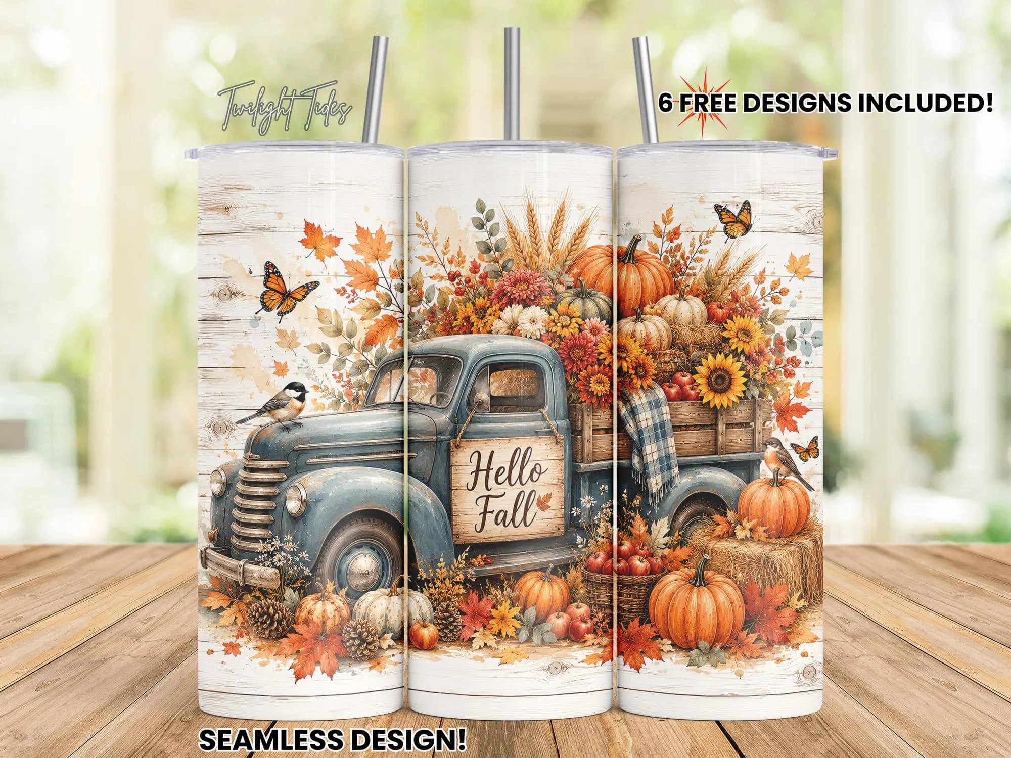 Hello Fall Pumpkin Patch Tumbler 20 oz Skinny Tumbler Sublimation Design, Harvest Autumn floral PNG Instant Download Seamless Tumbler Wrap