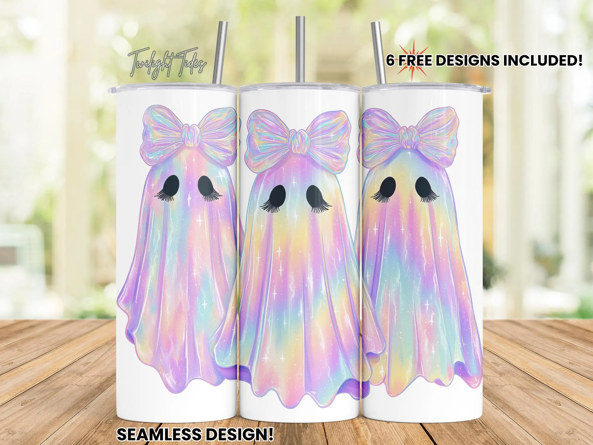 Iridescent ghosts Holographic 20 oz Skinny Tumbler Sublimation Design, Halloween Digital Download PNG Instant Download Seamless Tumbler Wrap