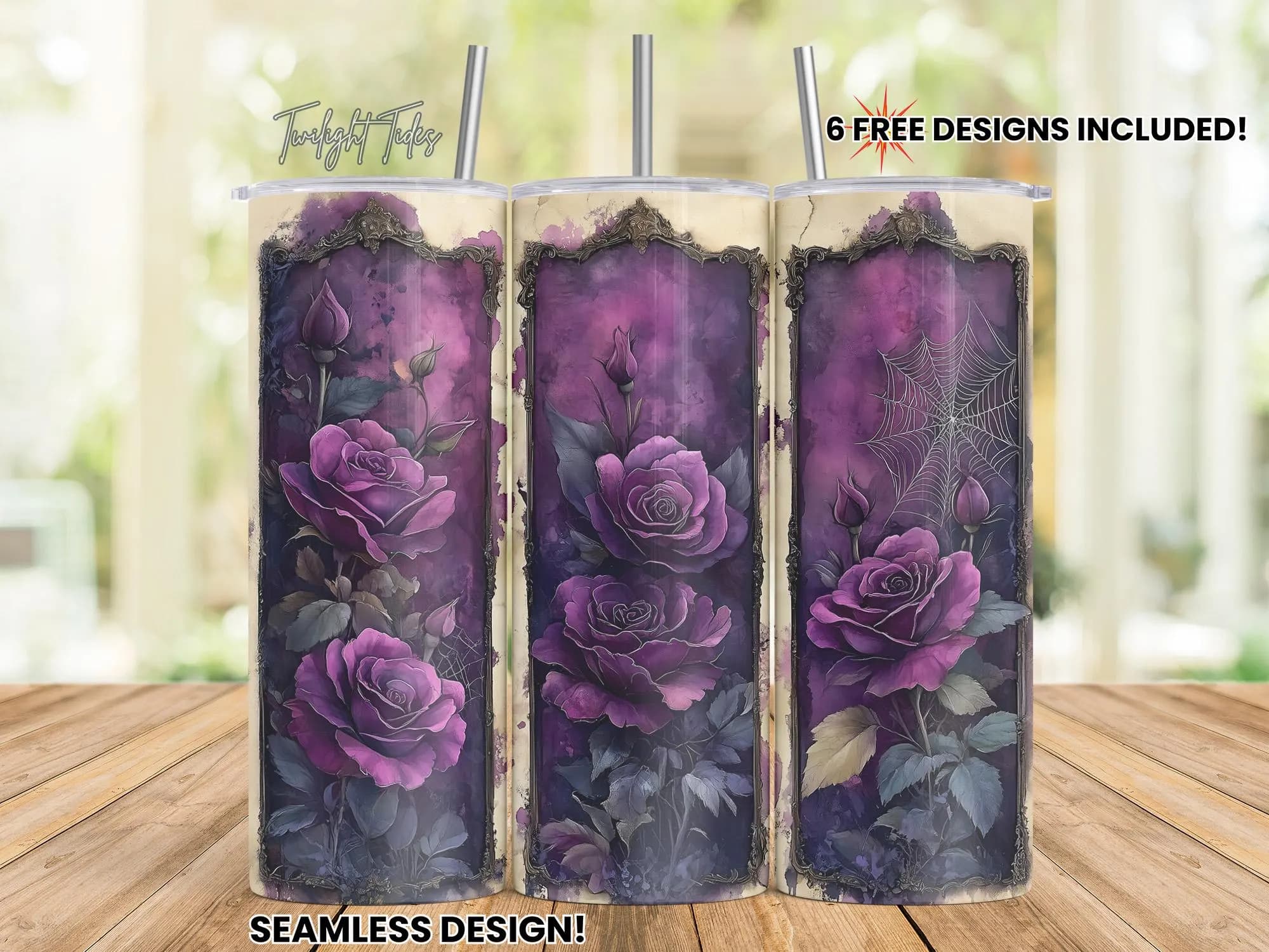Purple Roses Goth Spiderwebs 20 oz Skinny Tumbler Sublimation Design, Black Digital Download PNG Instant Download Seamless Tumbler Wrap