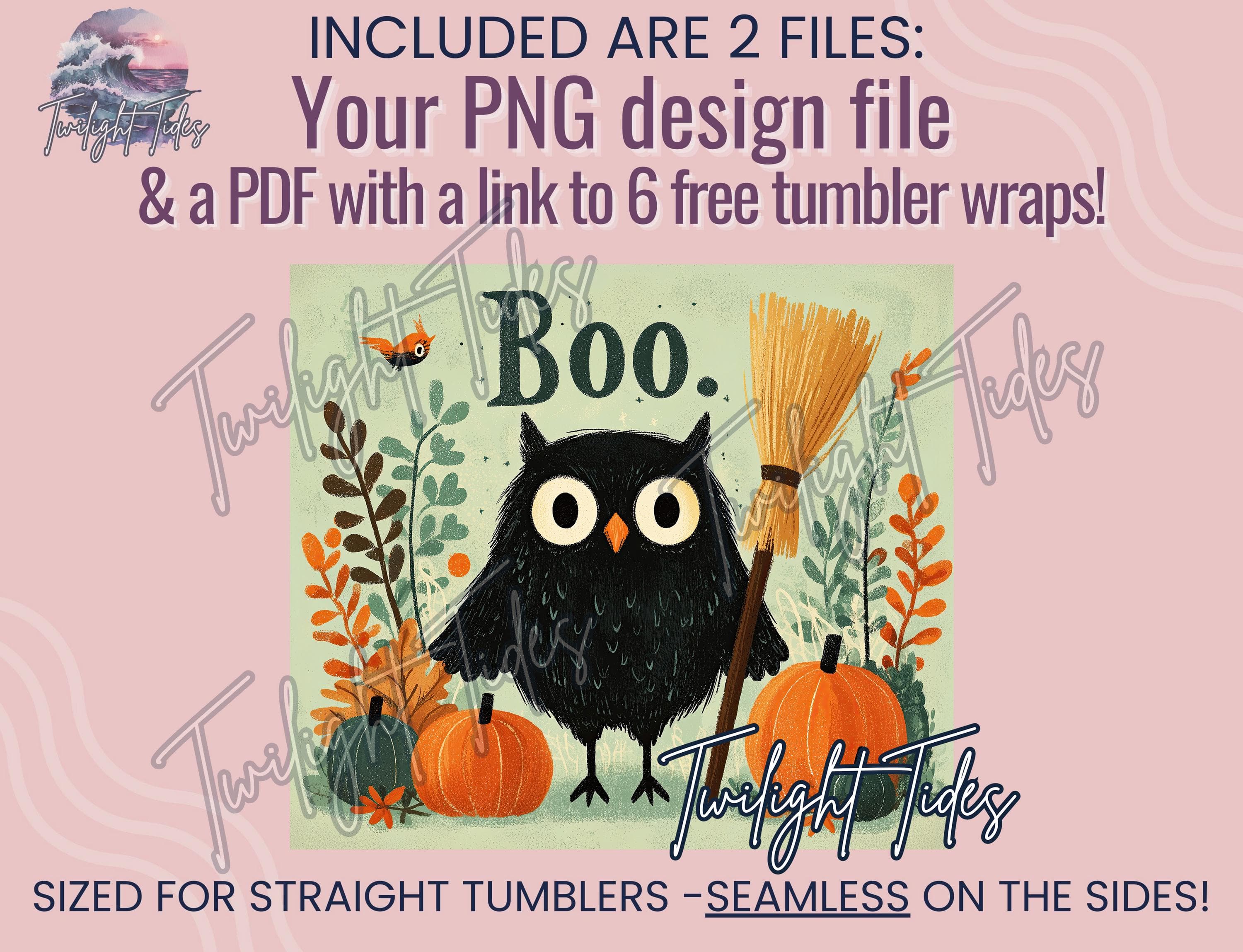 Boo Black Halloween Owl 20 oz Skinny Tumbler Sublimation Design, Pumpkin Broom Digital Download PNG Instant Download Seamless Tumbler Wrap - image 4