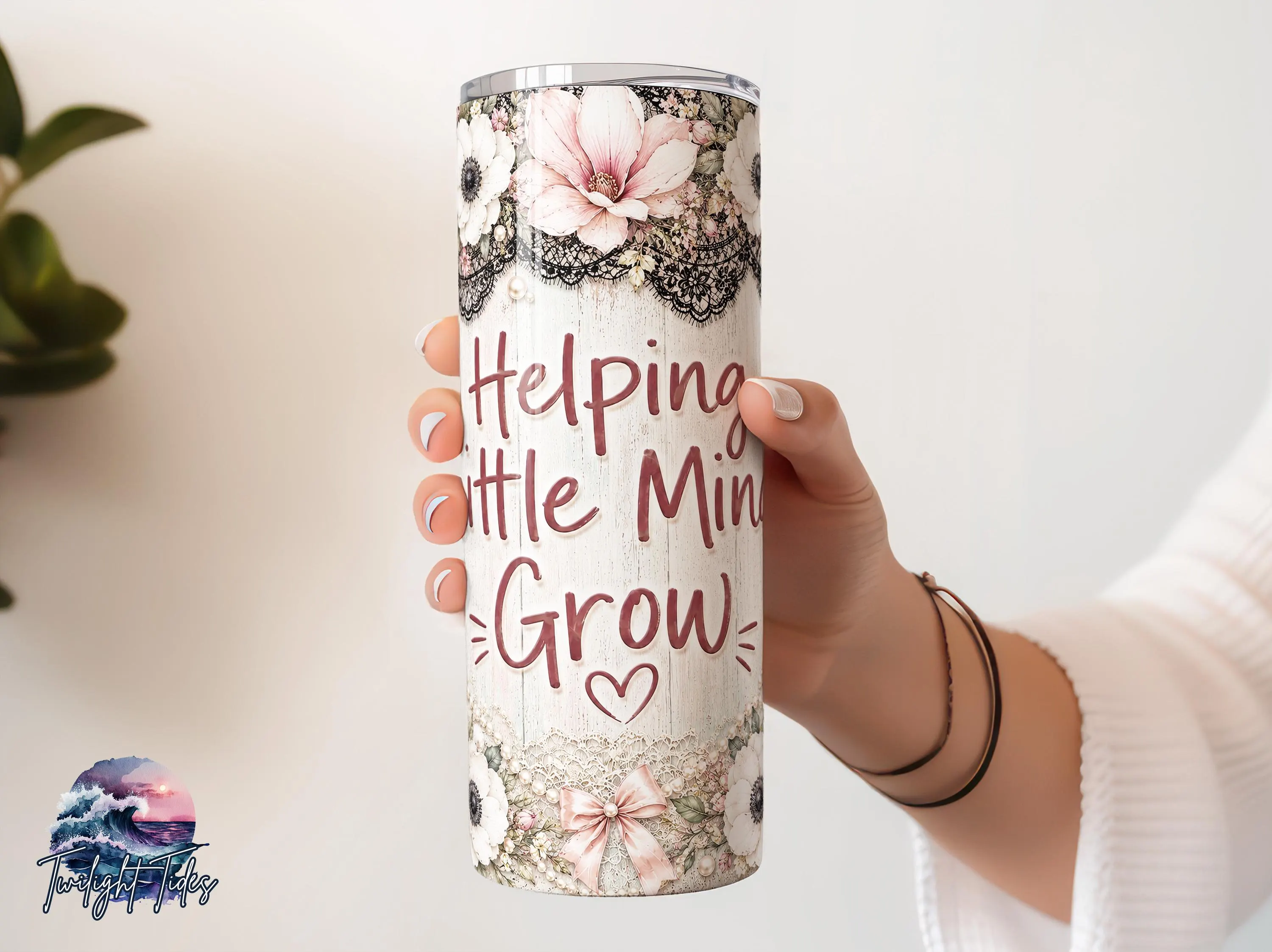 Teacher Helping Little Minds Grow Tumbler Sublimation Design, Mauve Floral Teacher Tumbler Seamless Tumbler Wrap, Digital Download PNG - image 3