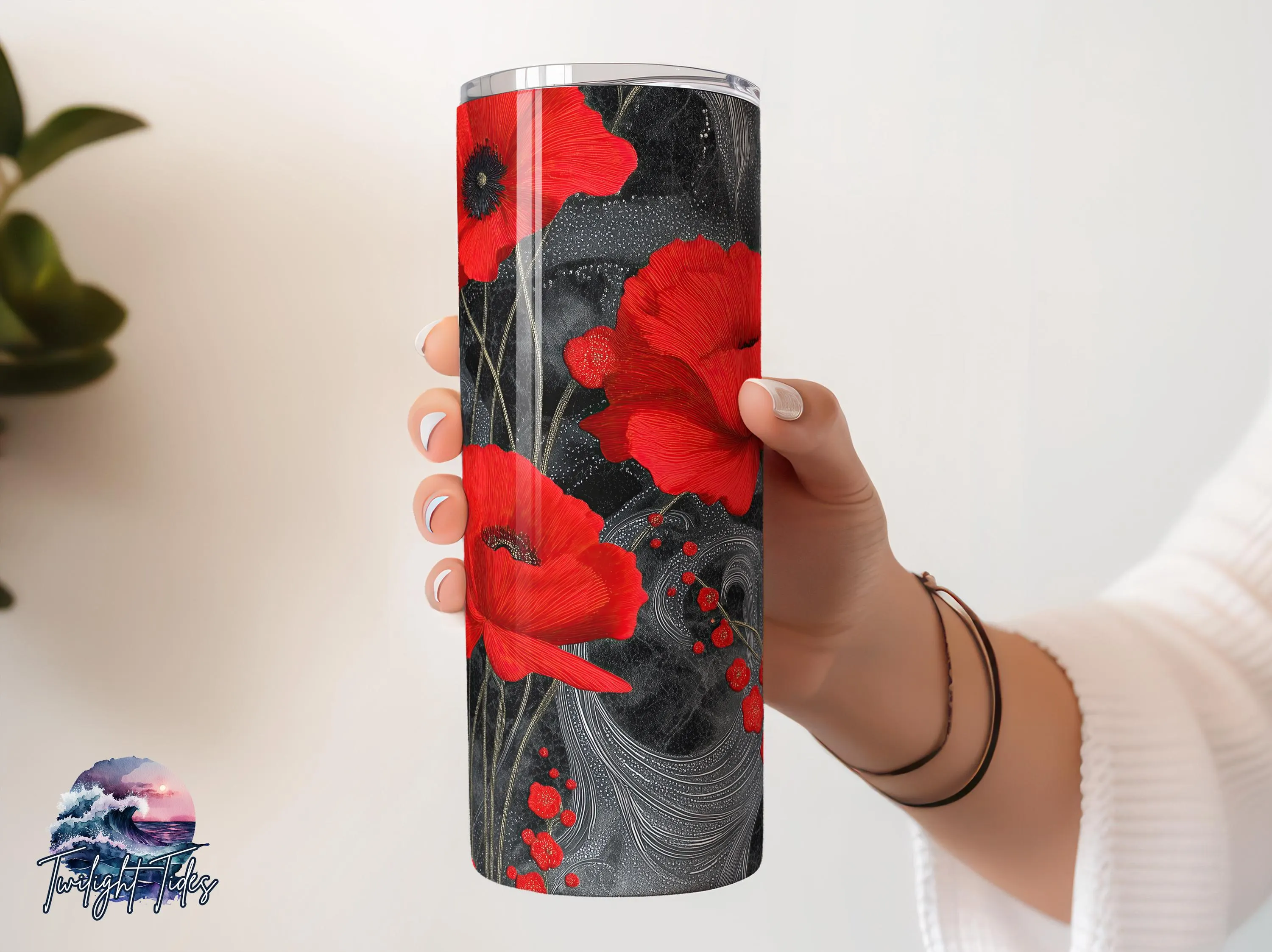 Red Poppy Tumbler 20 oz Skinny Tumbler Sublimation Design, Gray and Red flower Digital Download PNG Instant Download Seamless Tumbler Wrap - image 3