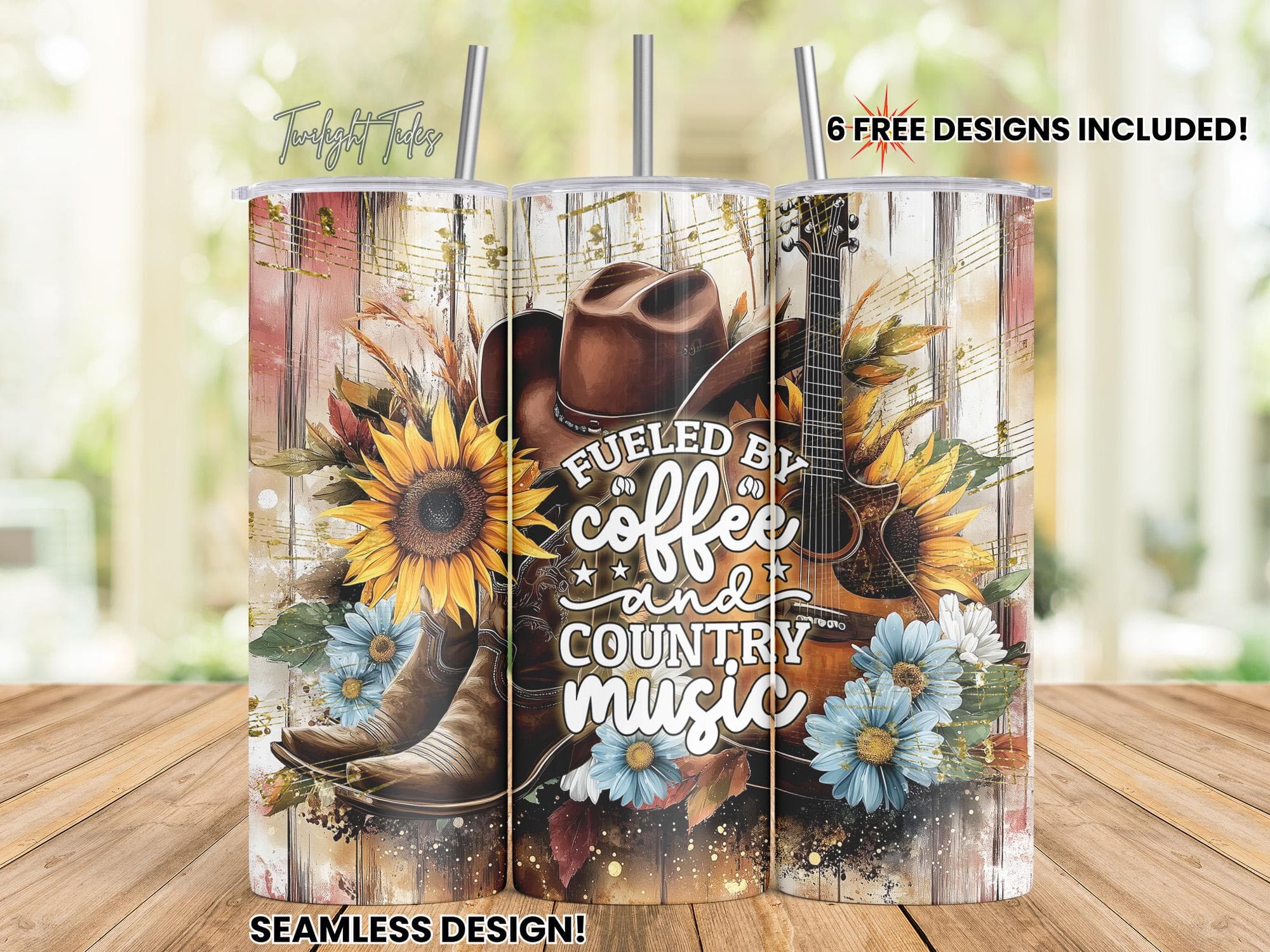 Fueled by coffee and country music 20 oz Skinny Tumbler Sublimation Design, Digital Download PNG Instant Download Seamless Tumbler Wrap