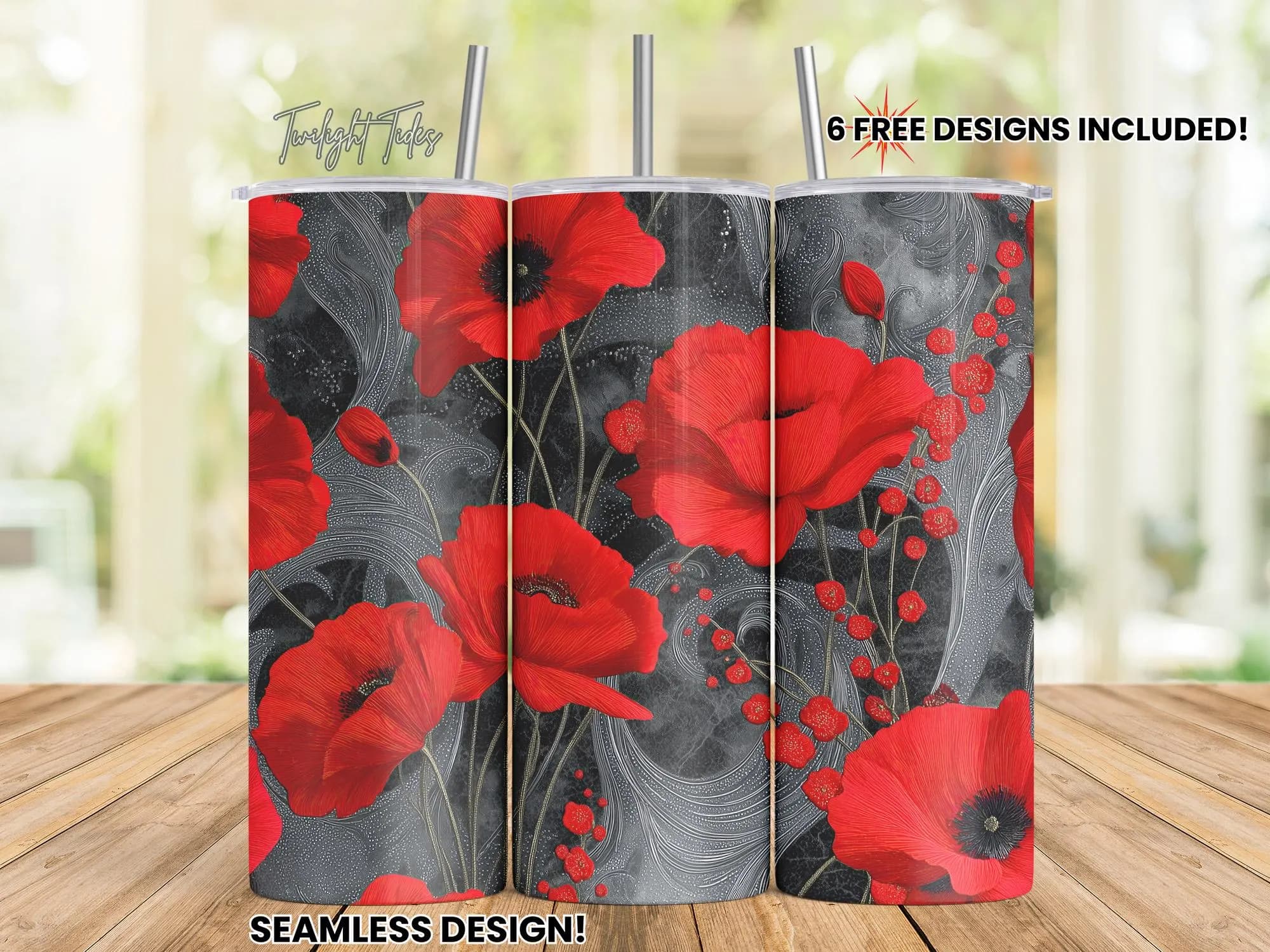 Red Poppy Tumbler 20 oz Skinny Tumbler Sublimation Design, Gray and Red flower Digital Download PNG Instant Download Seamless Tumbler Wrap