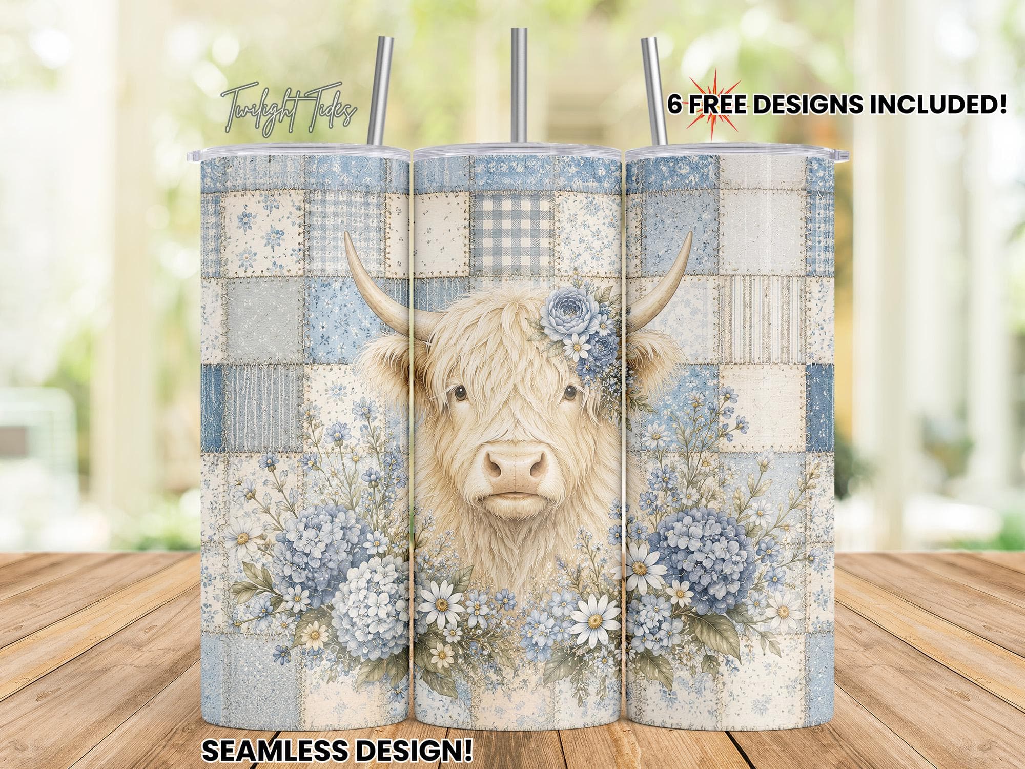 Highland Cow Tumbler Wrap 20 oz Skinny Tumbler Sublimation Design, Blue Floral Boho Patchwork Digital Download PNG Seamless Tumbler Wrap