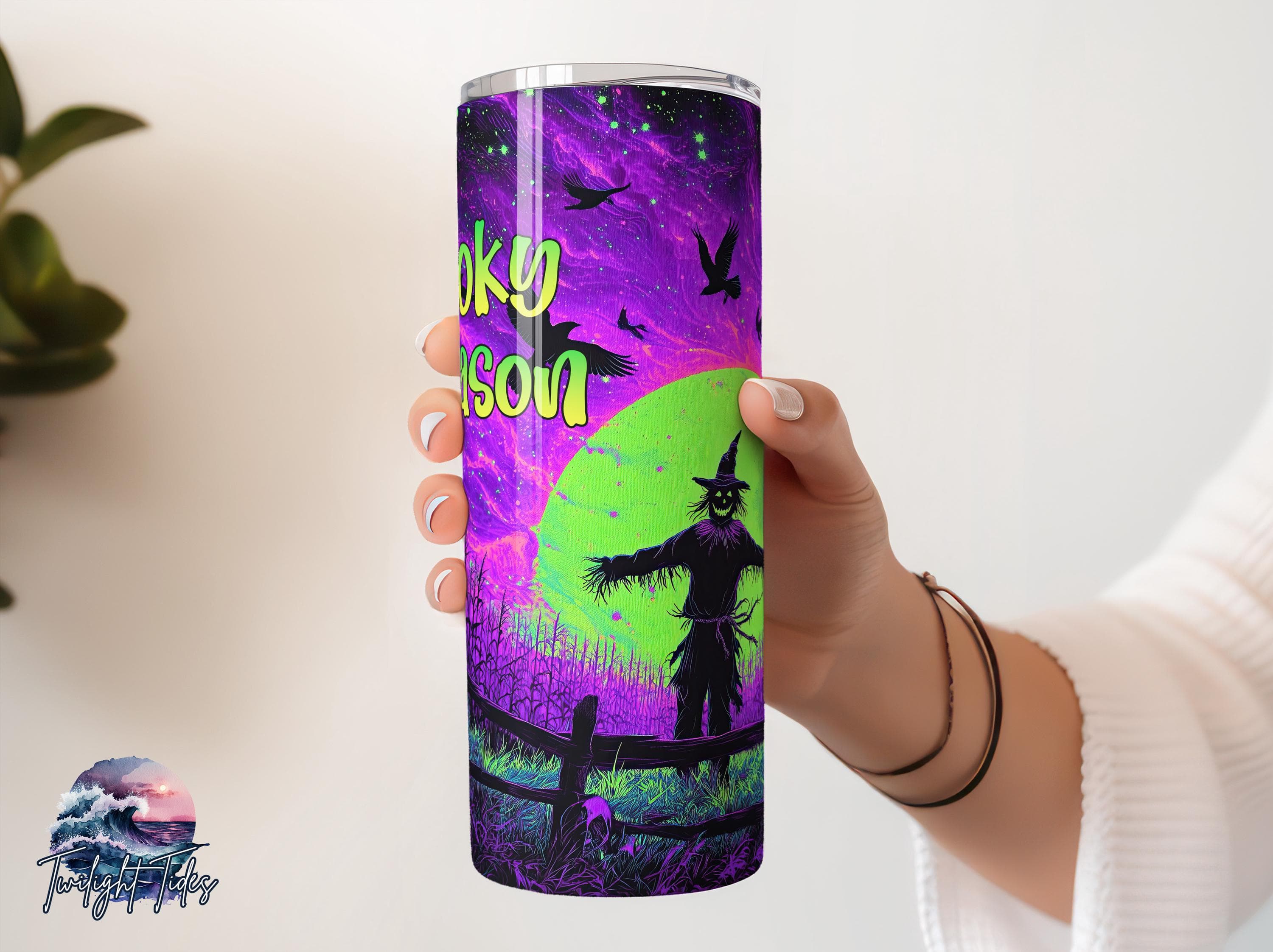 Spooky Scarecrow Halloween 20 oz Skinny Tumbler Sublimation Design, Neon Purple Digital Download PNG Instant Download Seamless Tumbler Wrap - image 3