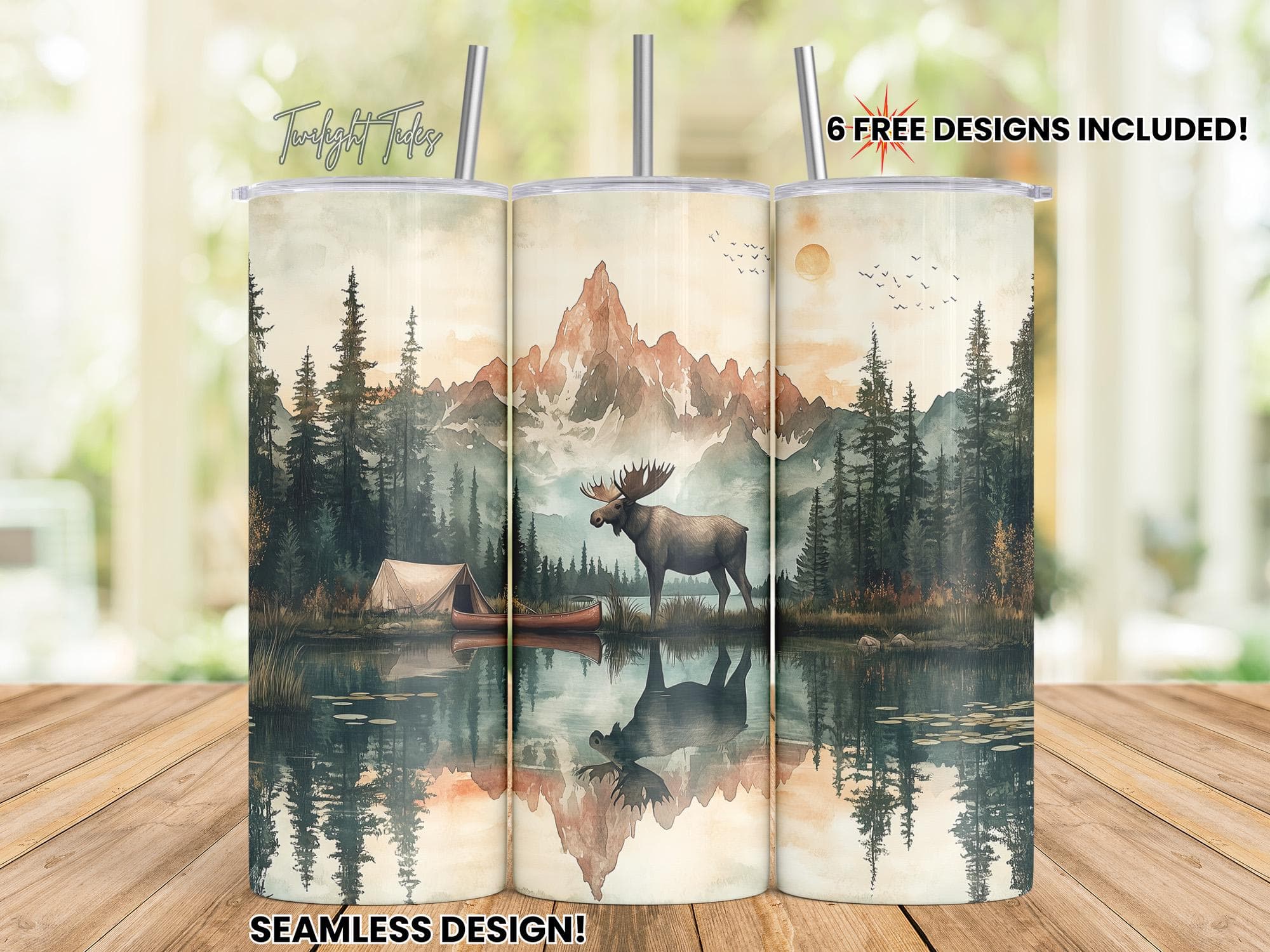 Mountains Nature Moose20 oz Skinny Tumbler Sublimation Design, Alaska Camping Digital Download PNG Instant Download Seamless Tumbler Wrap