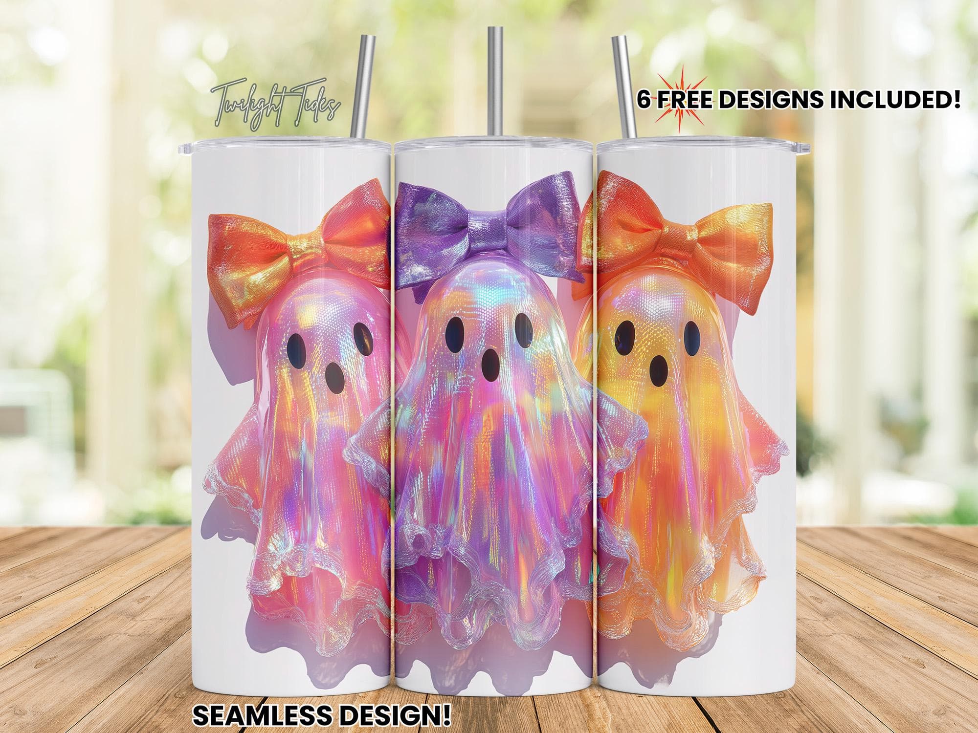Neon Halloween Ghosts 20 oz Skinny Tumbler Sublimation Design, Coquette ghost Digital Download PNG Instant Download Seamless Tumbler Wrap