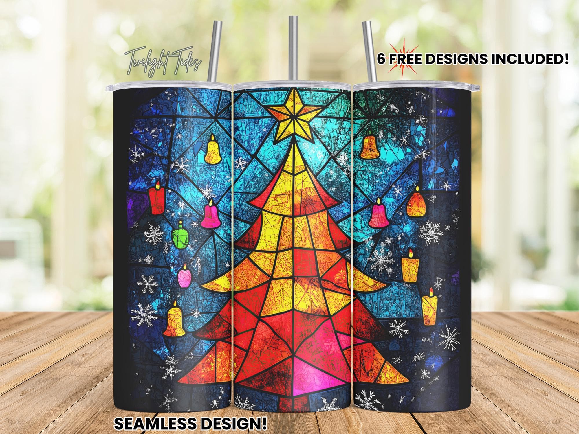 Christmas Tree Stained Glass 20 oz Skinny Tumbler Sublimation Design, Merry Xmas Digital Download PNG Instant Download Seamless Tumbler Wrap