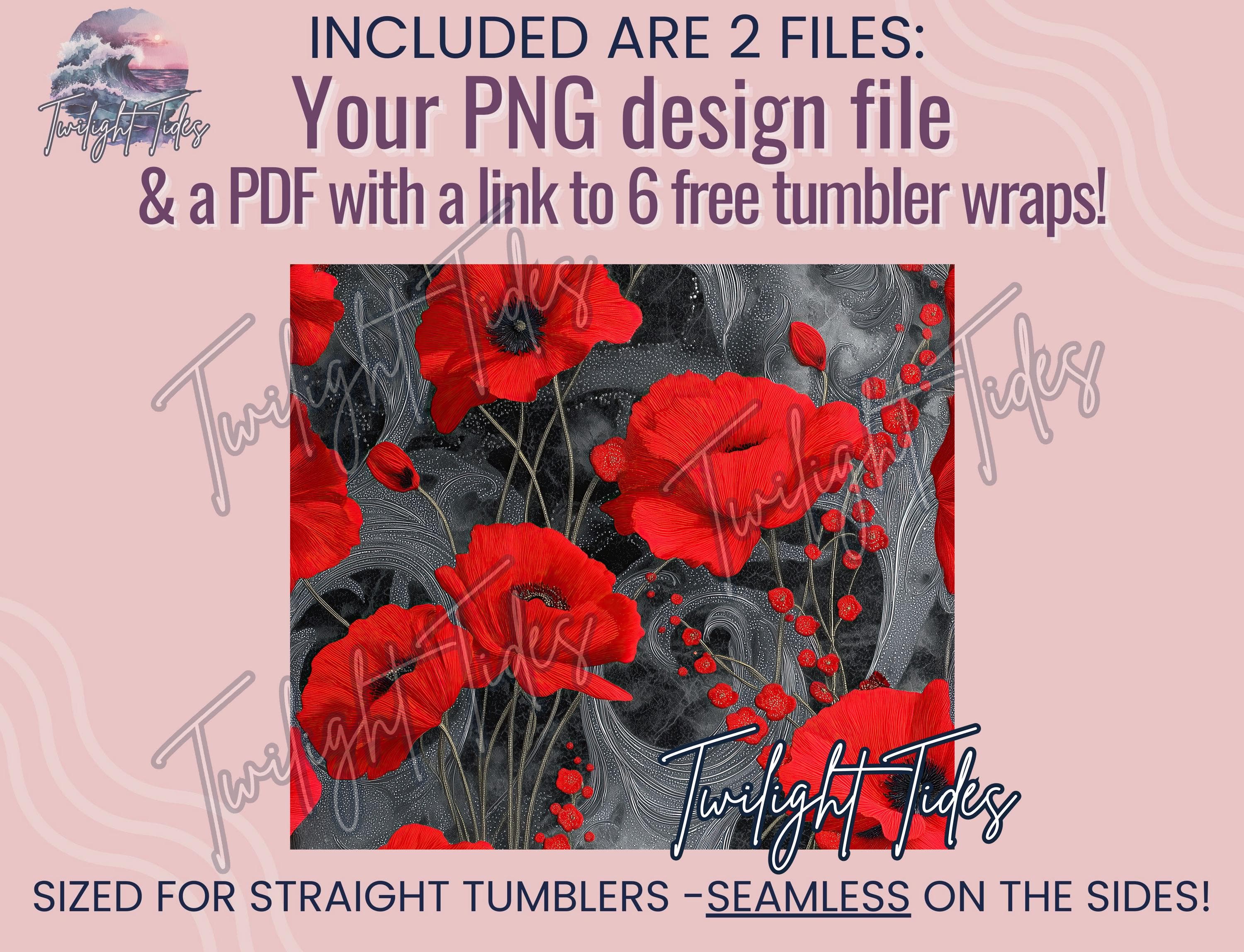 Red Poppy Tumbler 20 oz Skinny Tumbler Sublimation Design, Gray and Red flower Digital Download PNG Instant Download Seamless Tumbler Wrap - image 4