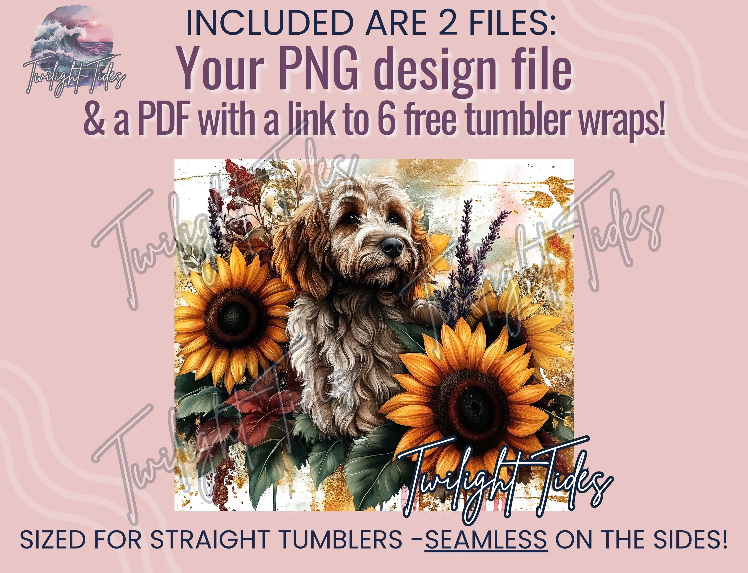 Goldendoodle Dog 20 oz Skinny Tumbler Sublimation Design, Doodle Mama Sunflowers Digital Download PNG Instant Download Seamless Tumbler Wrap - image 4