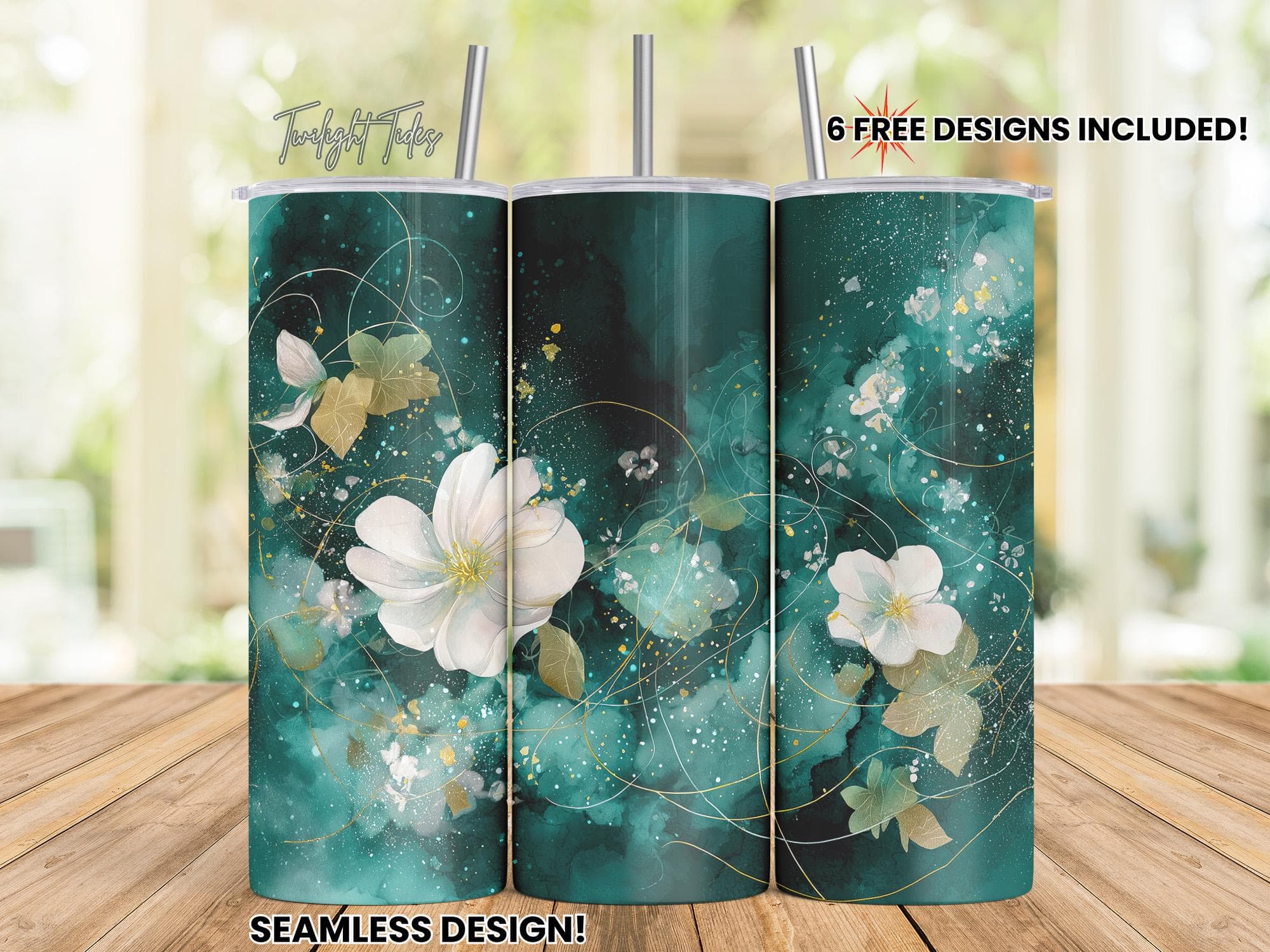 Emerald Green Floral 20 oz Skinny Tumbler Sublimation Design, Green Gold Flower Digital Download PNG Instant Download Seamless Tumbler Wrap