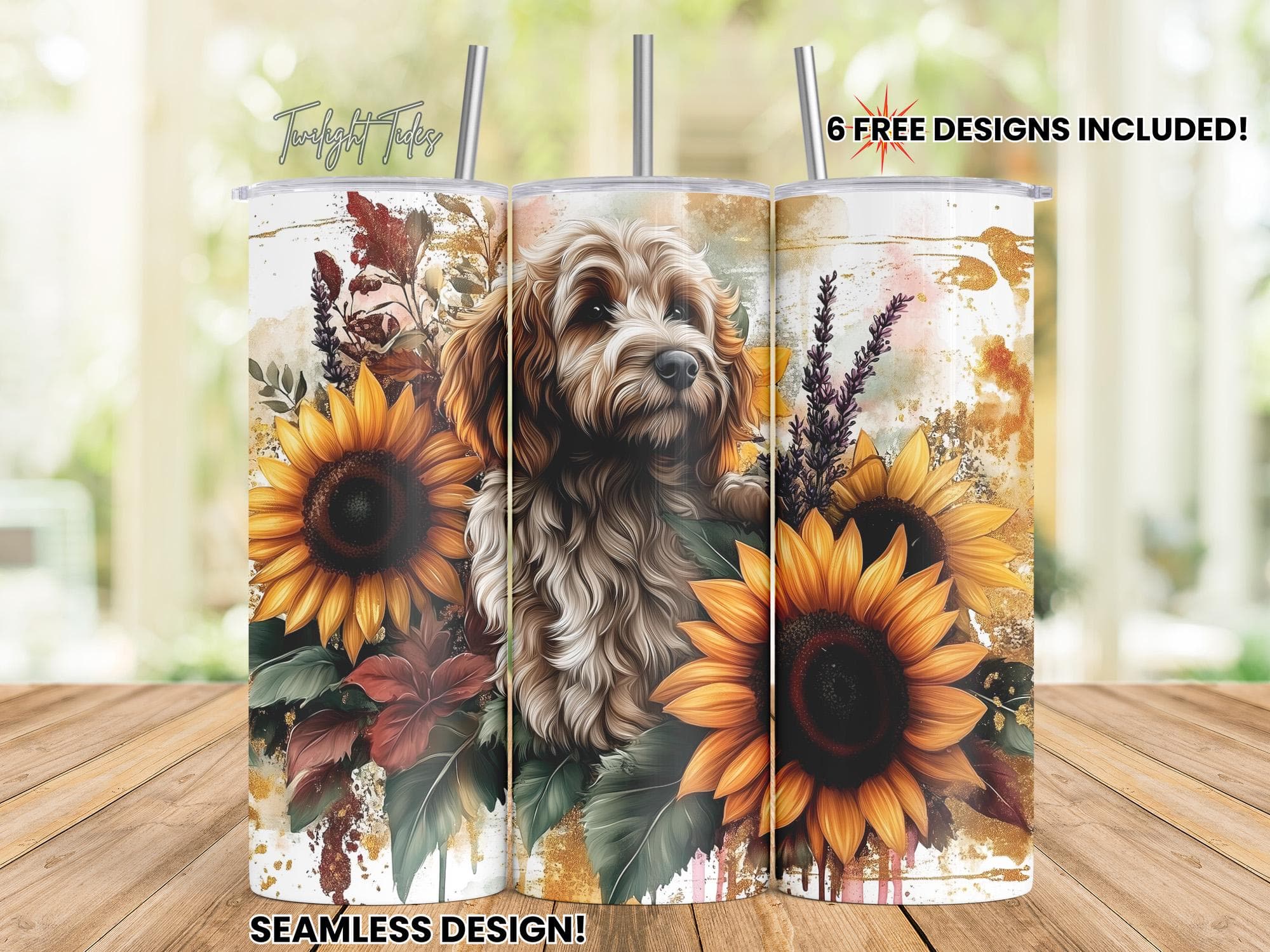 Goldendoodle Dog 20 oz Skinny Tumbler Sublimation Design, Doodle Mama Sunflowers Digital Download PNG Instant Download Seamless Tumbler Wrap