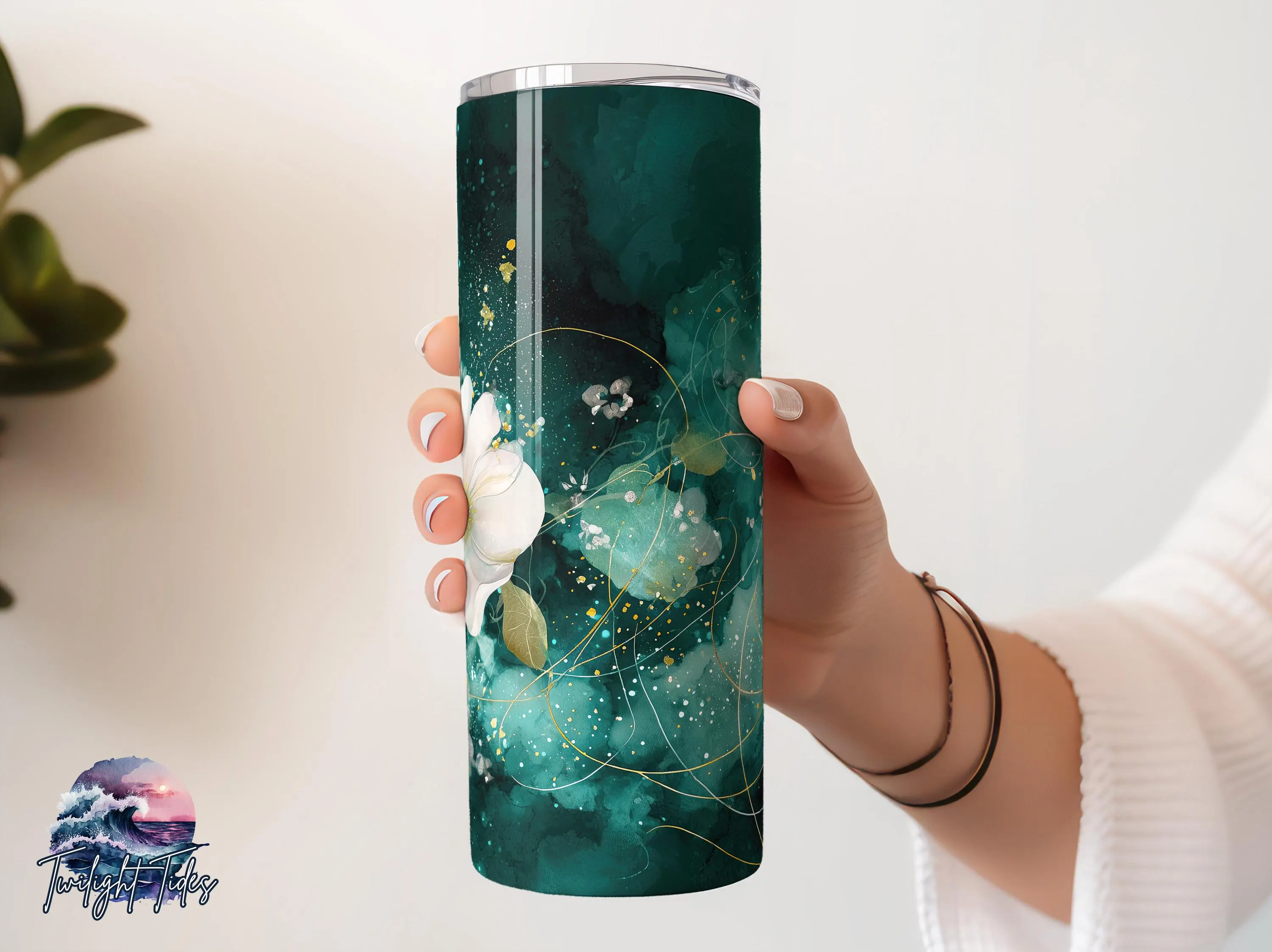 Emerald Green Floral 20 oz Skinny Tumbler Sublimation Design, Green Gold Flower Digital Download PNG Instant Download Seamless Tumbler Wrap - image 3