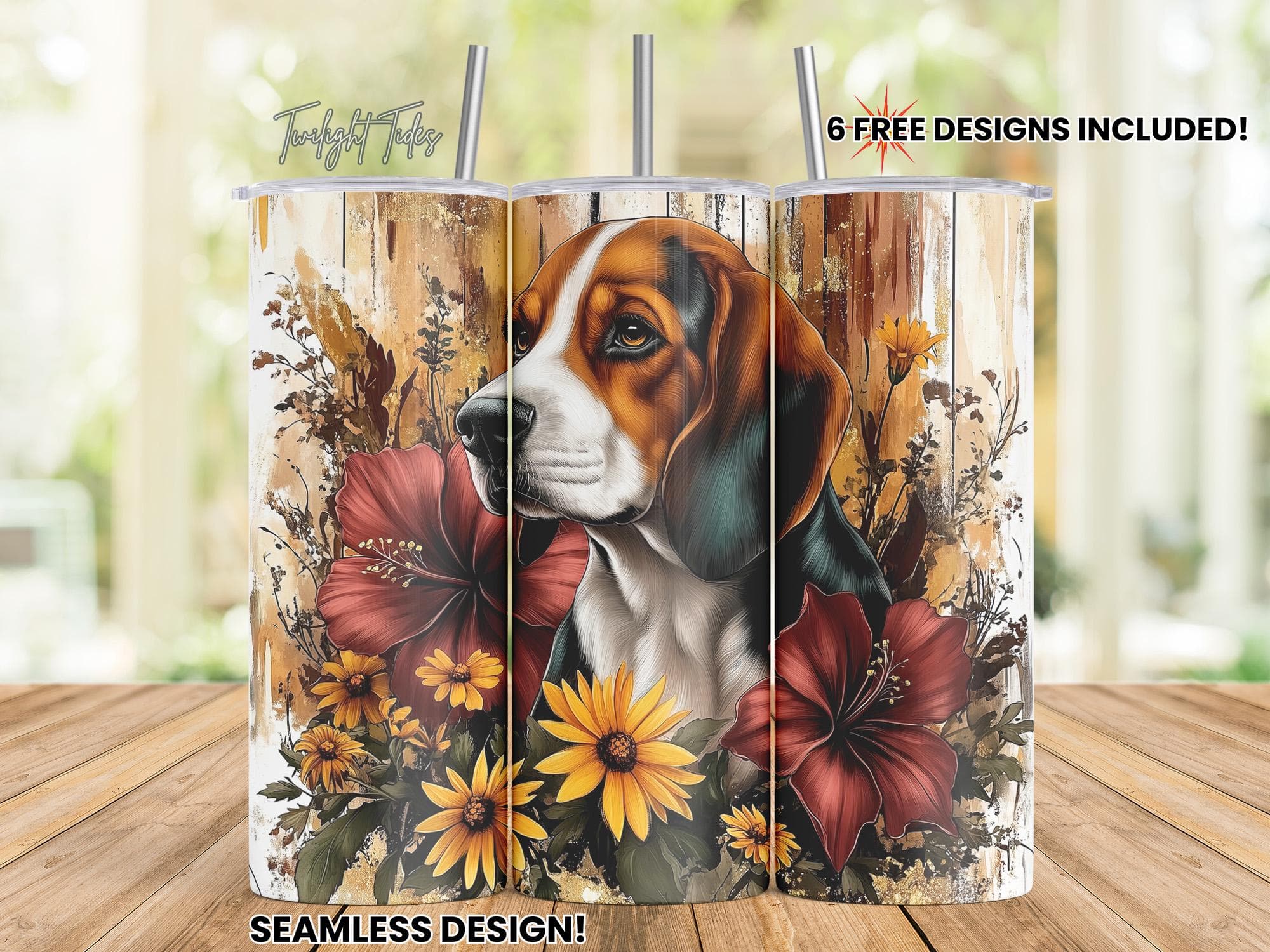 Tri-color beagle dog 20 oz Skinny Tumbler Sublimation Design, Floral Beagle Mom Digital Download PNG Instant Download Seamless Tumbler Wrap