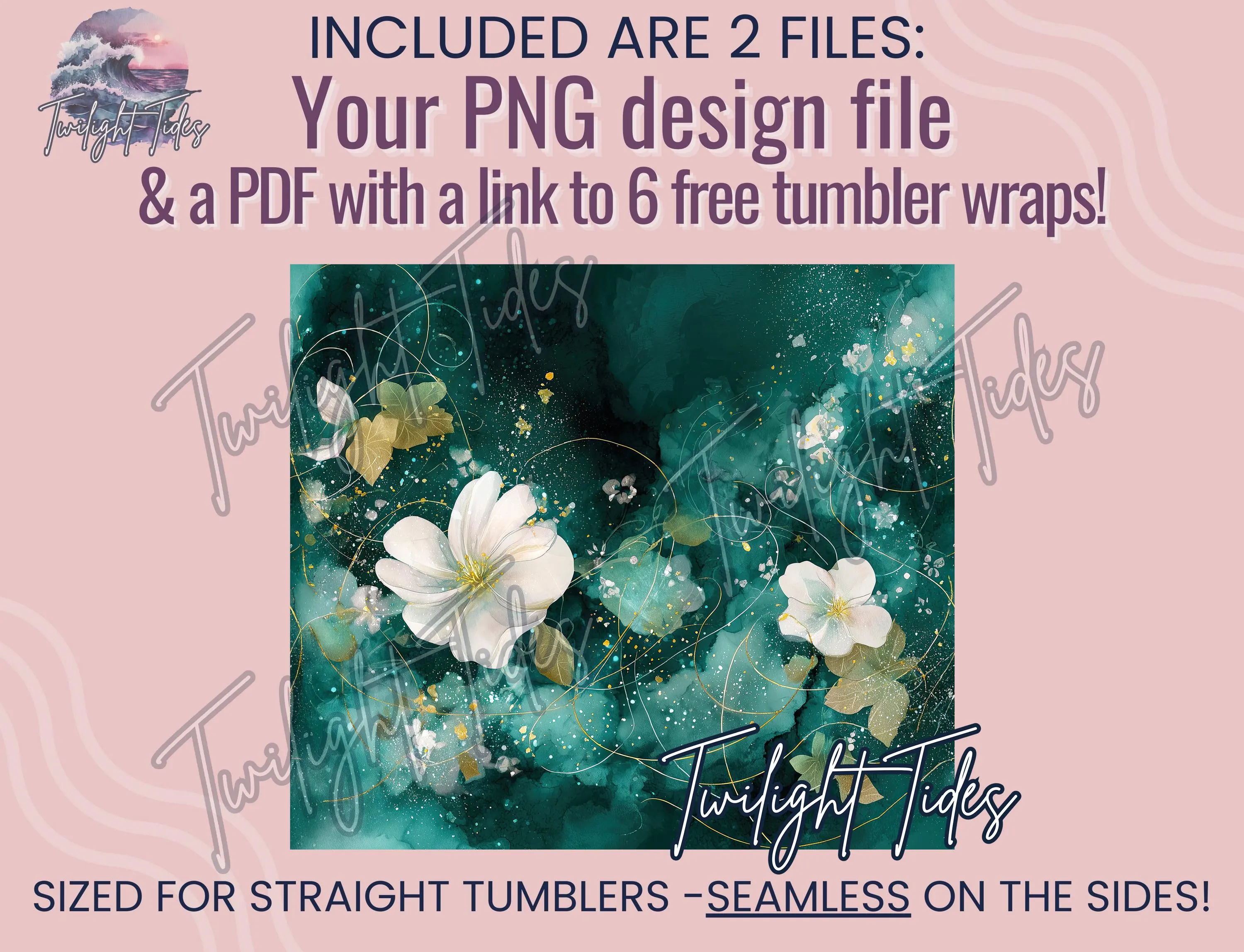 Emerald Green Floral 20 oz Skinny Tumbler Sublimation Design, Green Gold Flower Digital Download PNG Instant Download Seamless Tumbler Wrap - image 4