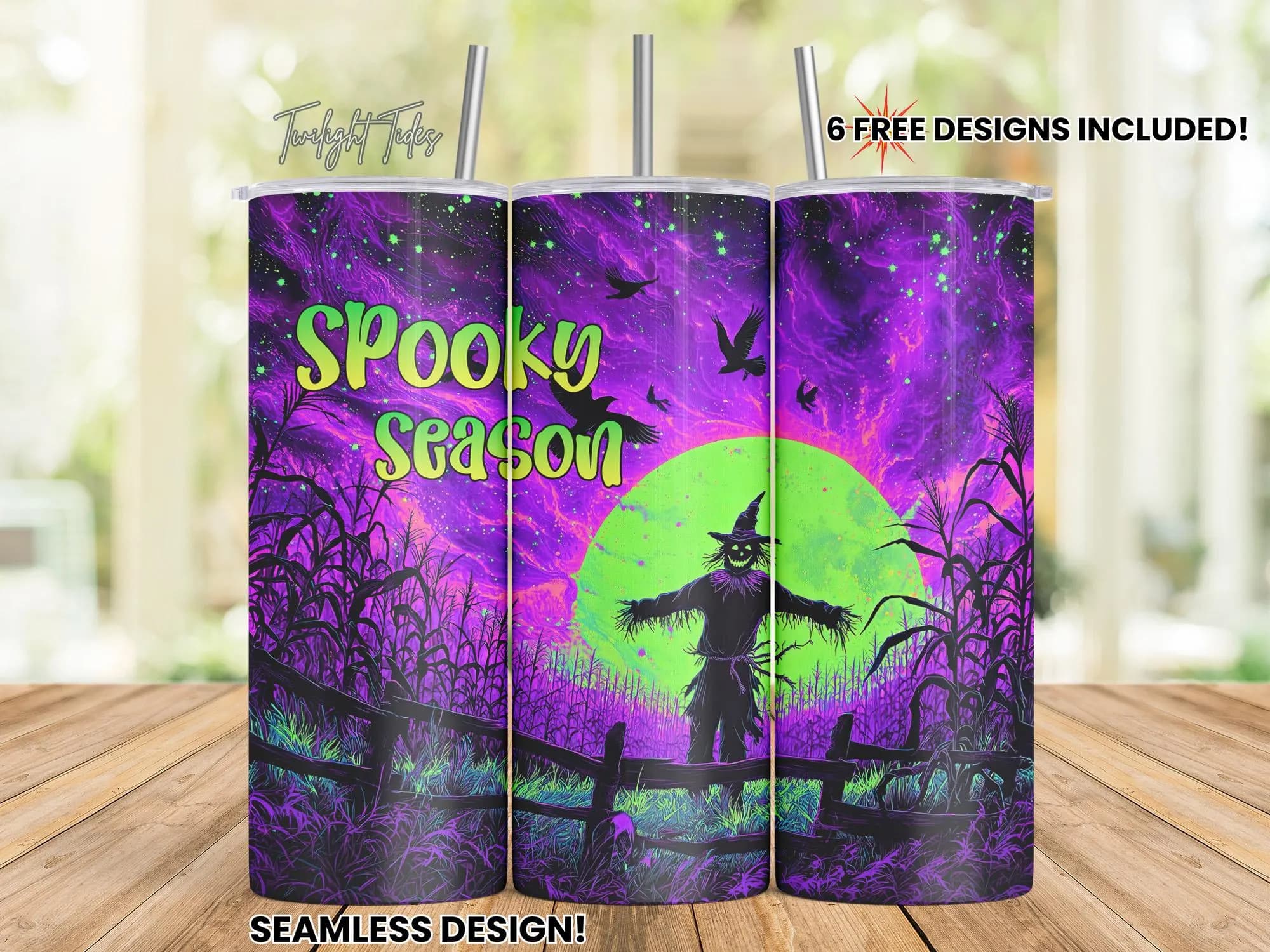 Spooky Scarecrow Halloween 20 oz Skinny Tumbler Sublimation Design, Neon Purple Digital Download PNG Instant Download Seamless Tumbler Wrap