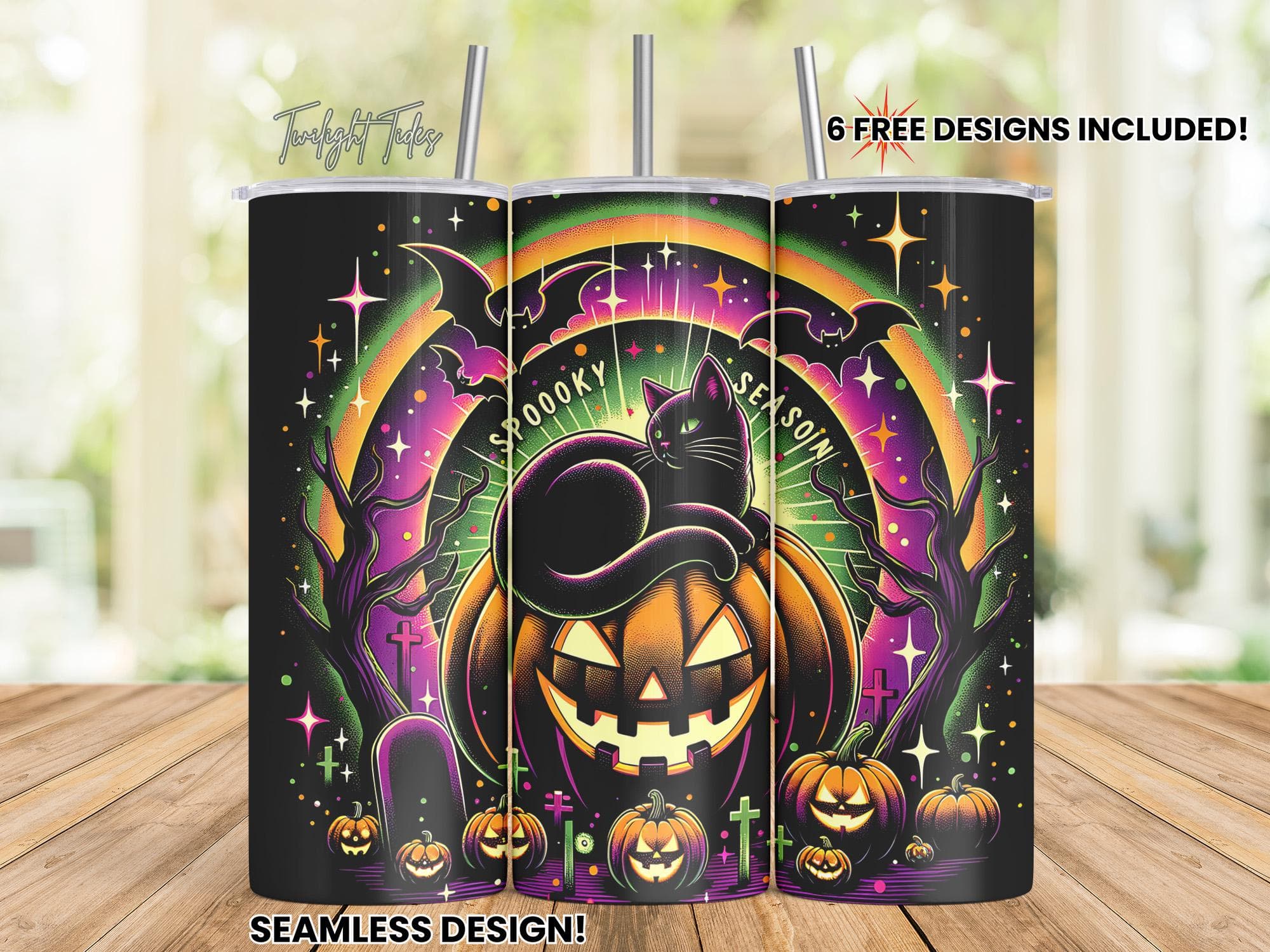 Black Cat Halloween Pumpkin 20 oz Skinny Tumbler Sublimation Design, Spooky Digital Download PNG Instant Download Seamless Tumbler Wrap