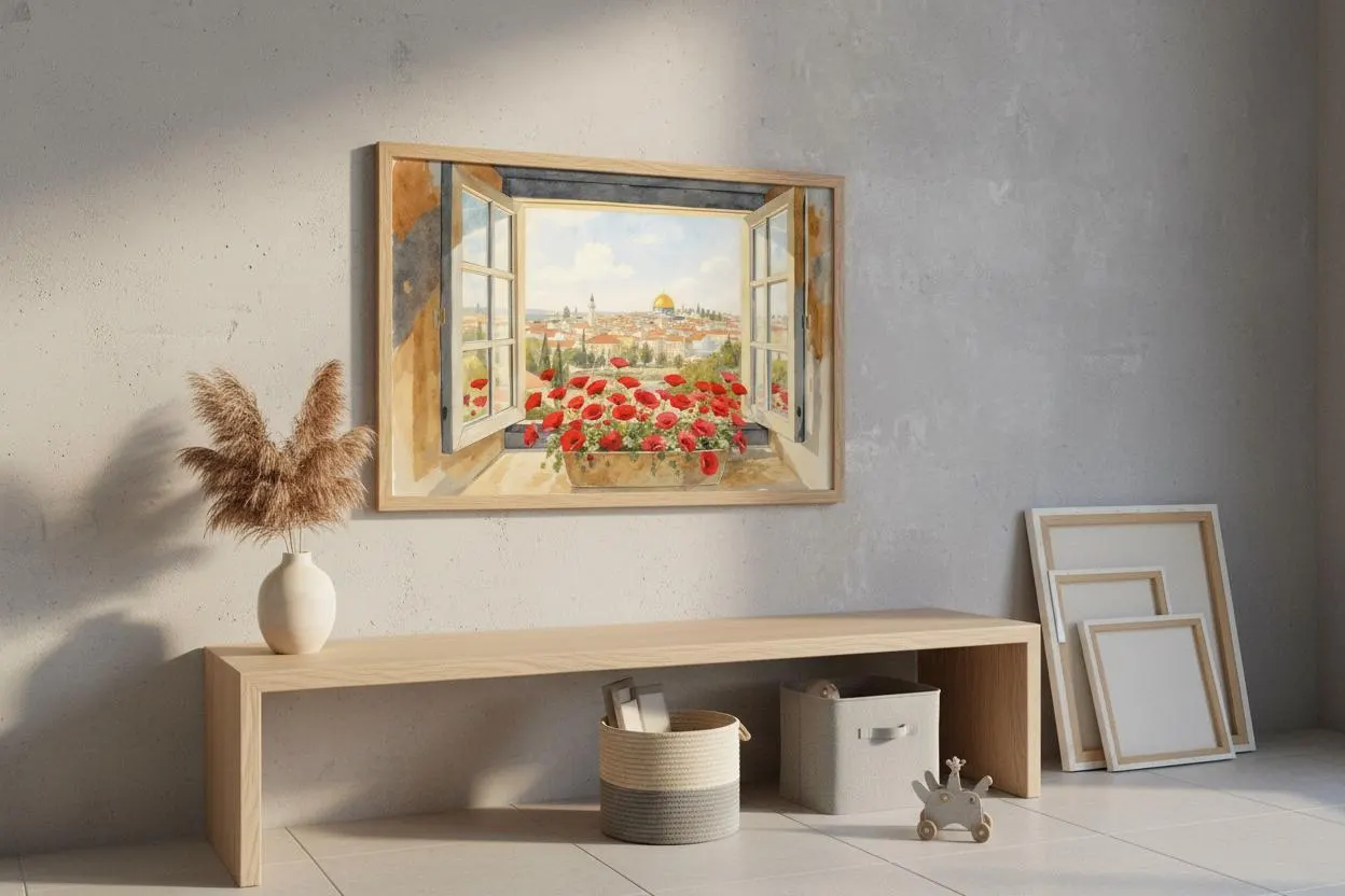 May include: A framed watercolour painting depicting a window scene with a cityscape and golden dome. Red flowers are in a window box. The artwork is in a light wood frame. A vase with dried plants sits on a wooden bench, with other decorative items.