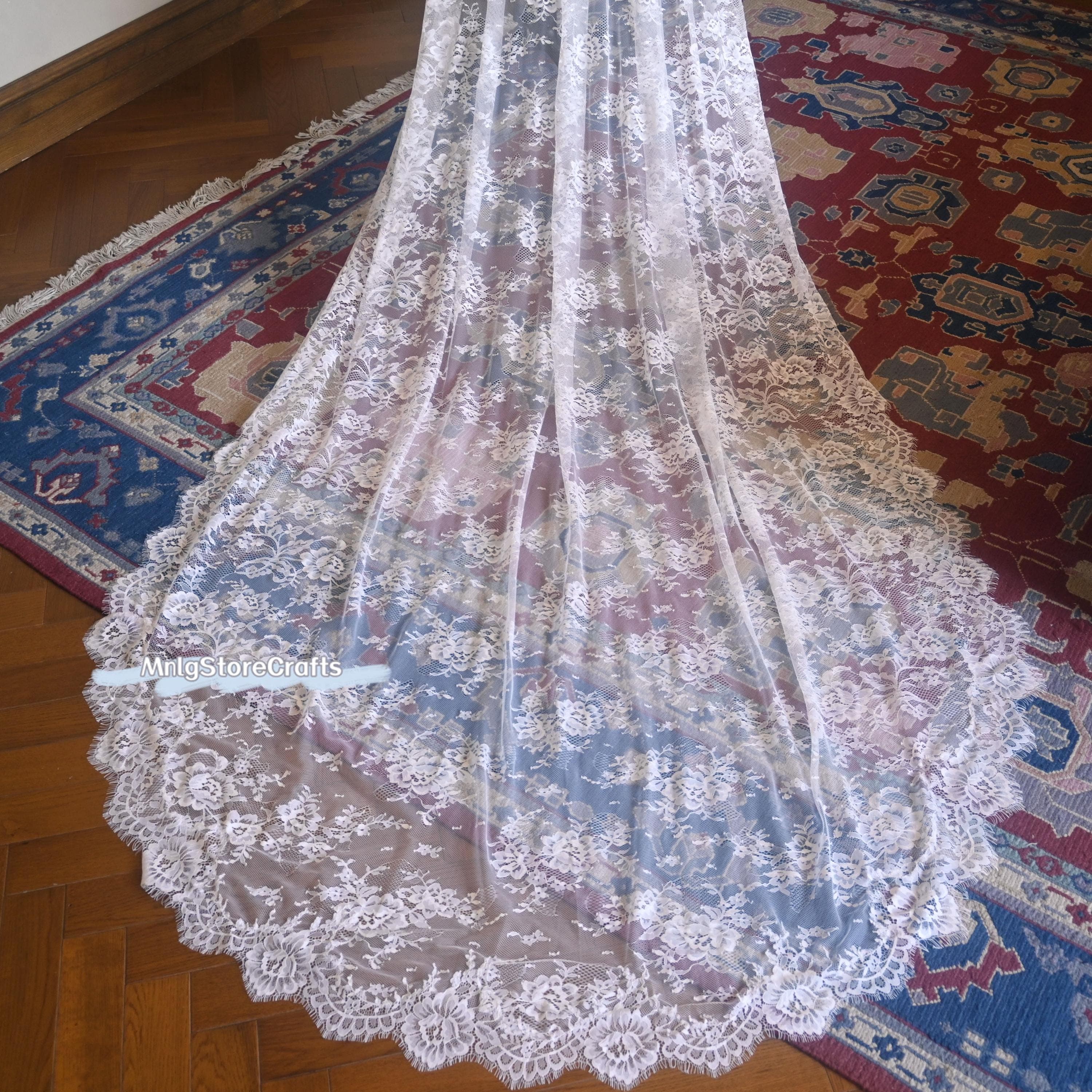 Floral Lace Cathedral Veil: Ivory Bridal Mantilla Hijab - image 5