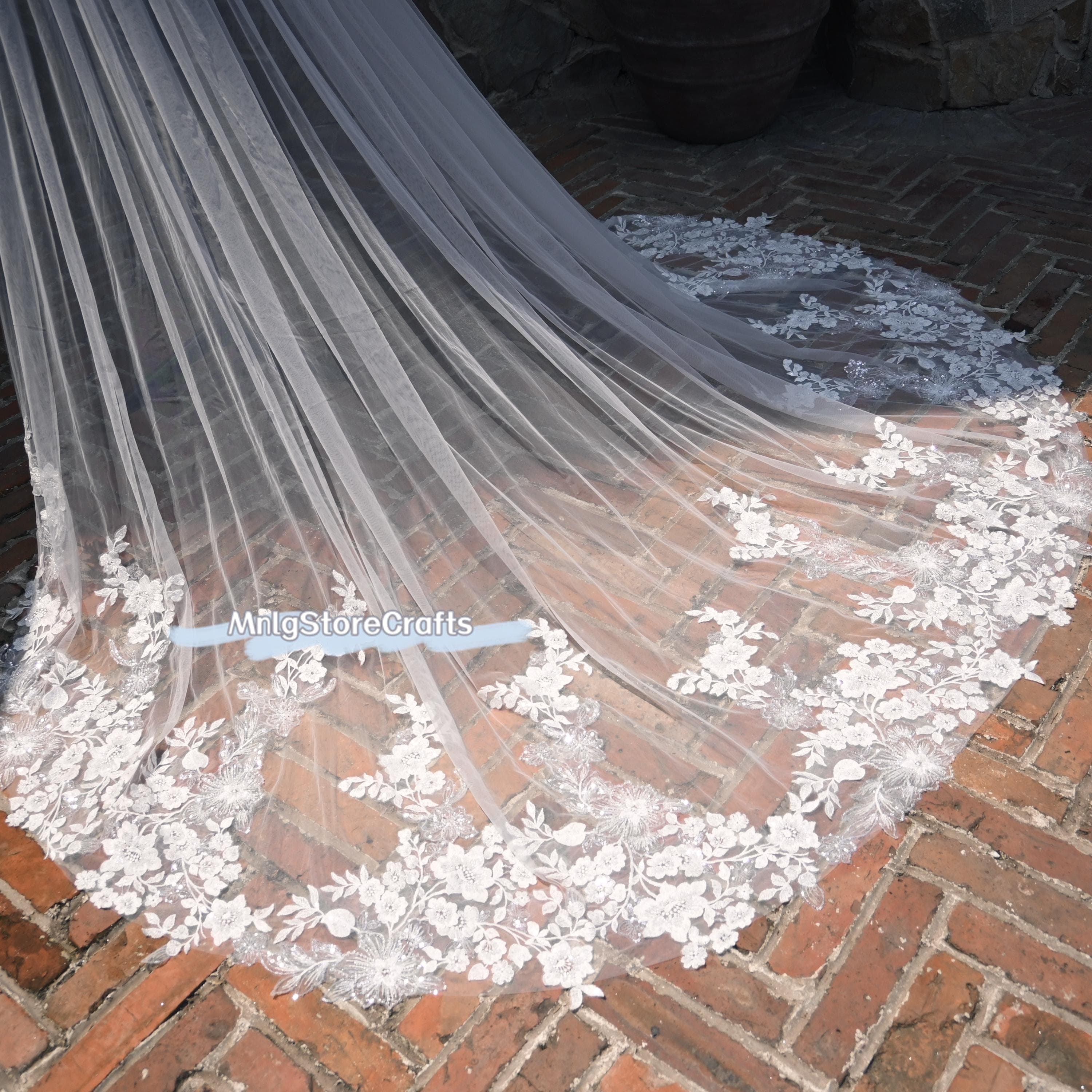 Floral Applique Wedding Dress Overlay: Ivory Tulle Detachable Train - image 5