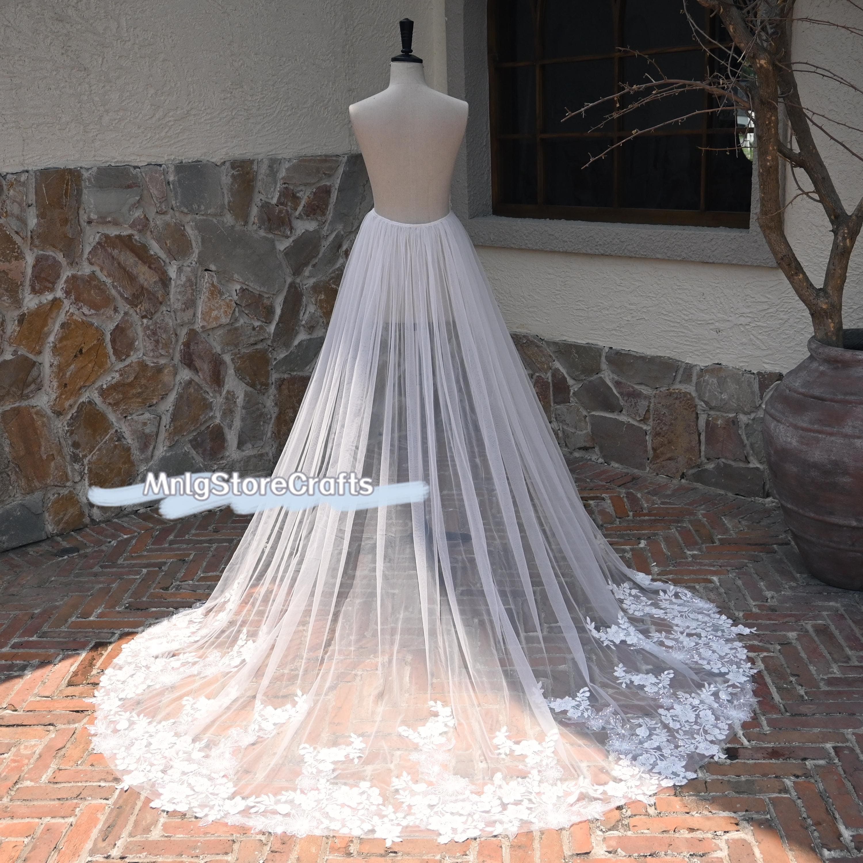 Floral Applique Wedding Dress Overlay: Ivory Tulle Detachable Train - image 3