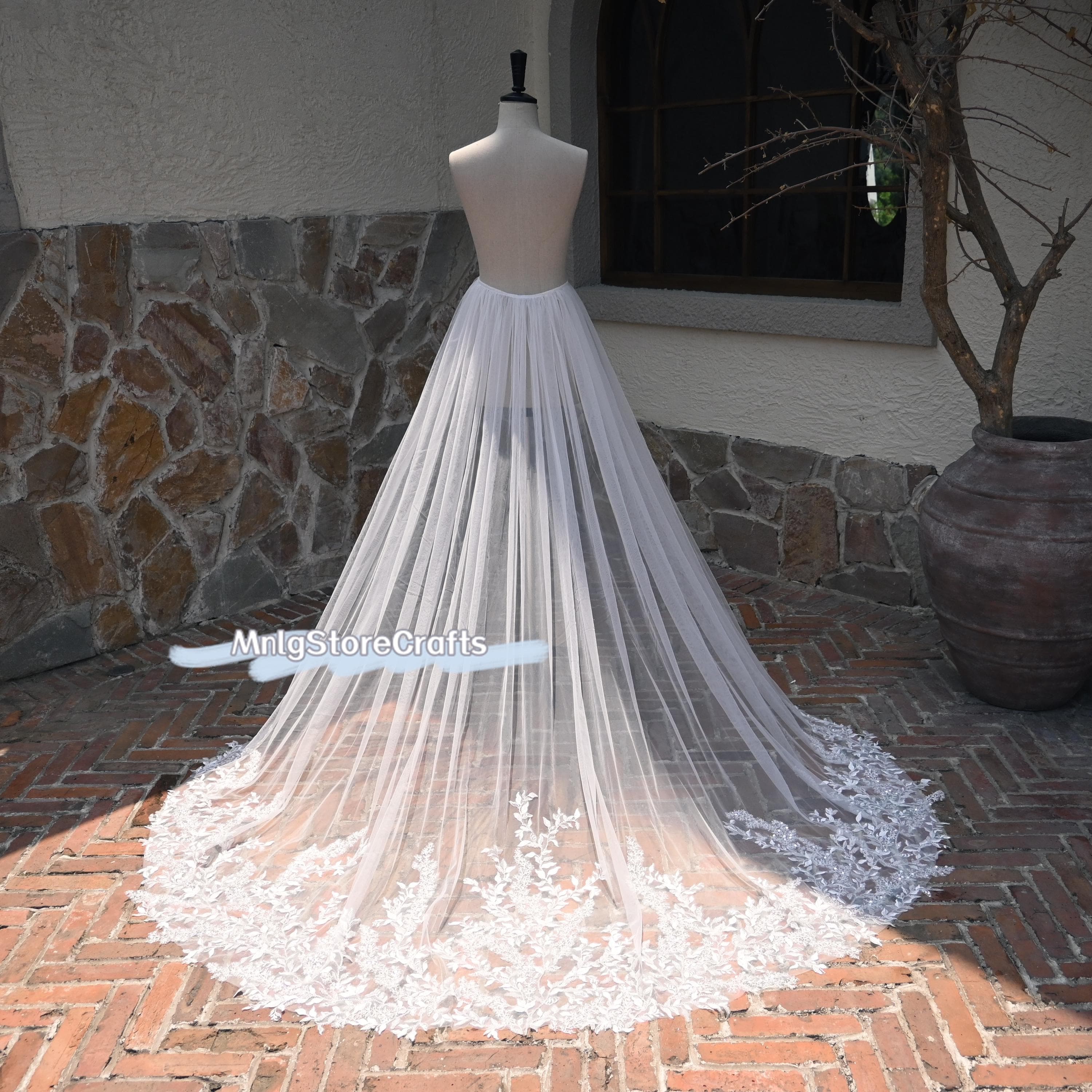 Ivory Tulle Wedding Skirt: Detachable Half Train with Floral Appliques
